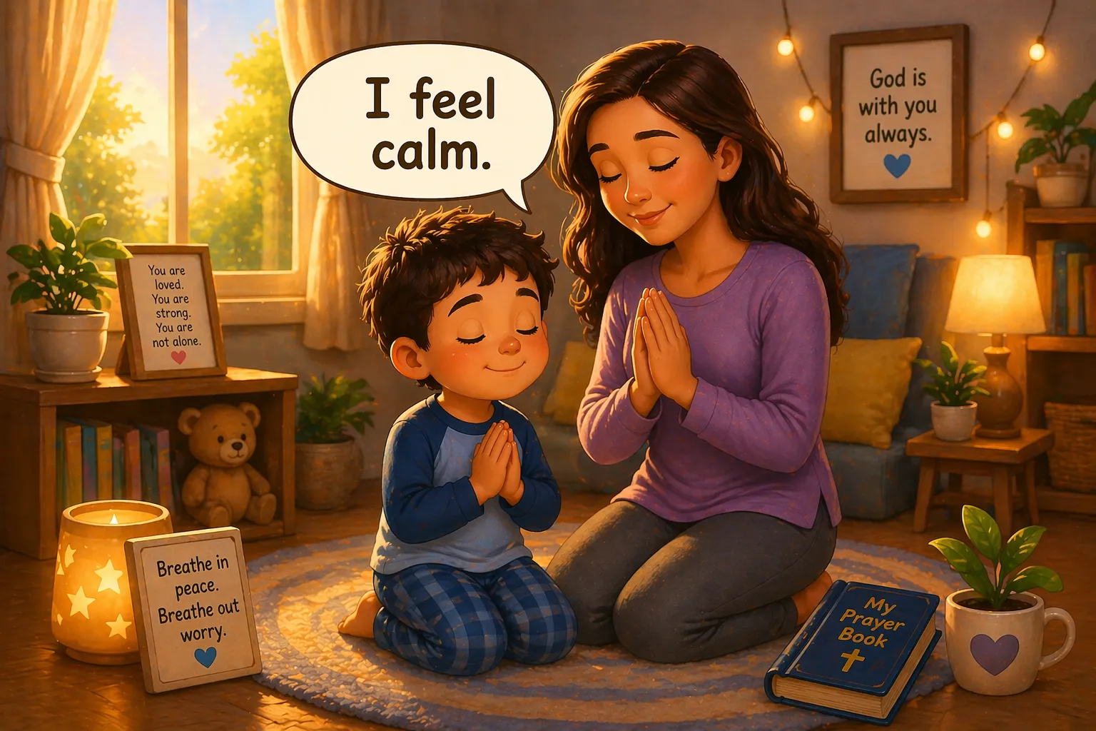 English prayers gratitude thankfulness kids and parents praying together. 