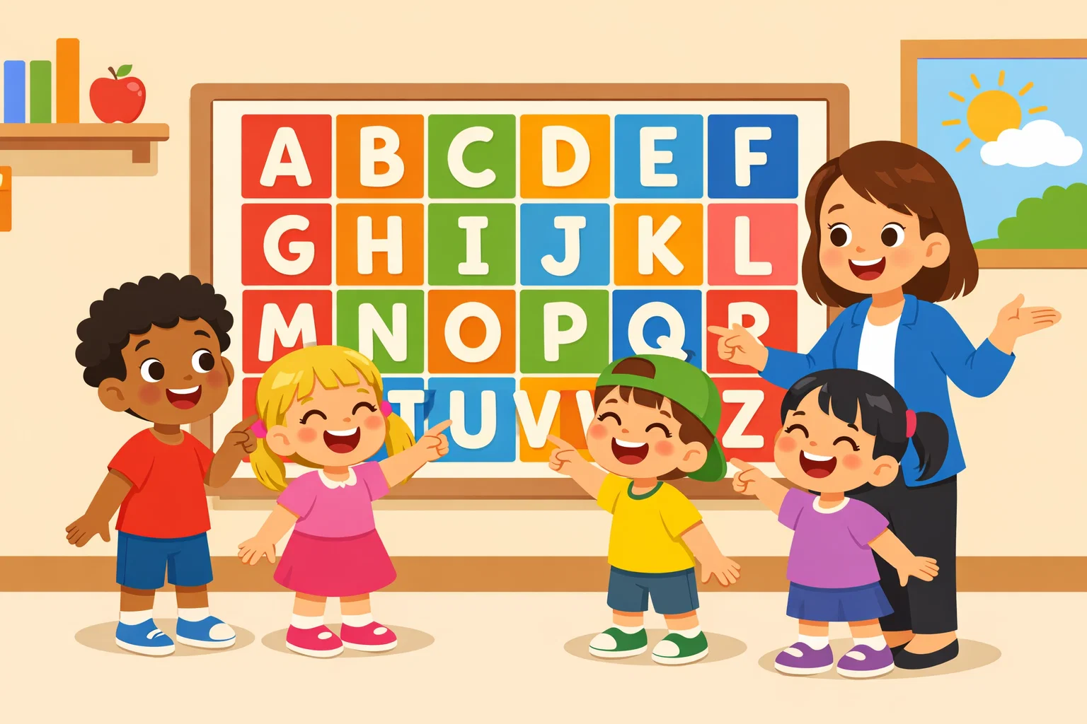  English verbs A to Z for kids chart with teacher and smiling students in class.
