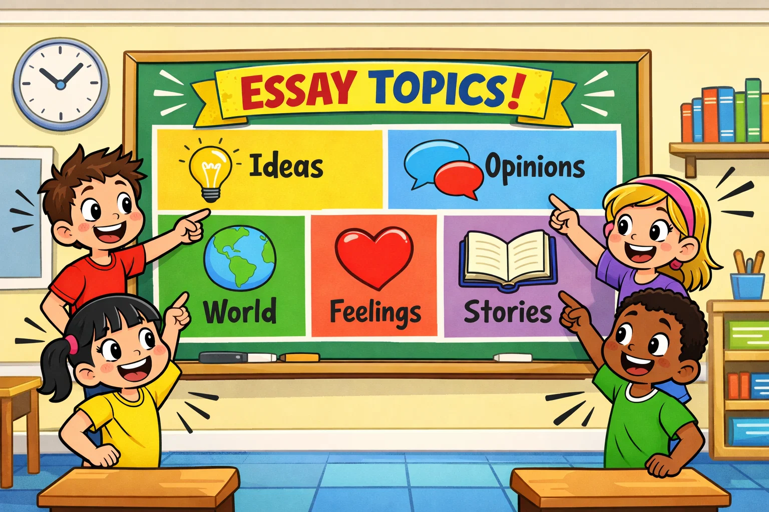  Essay topics by category for class 4 on board with excited students.
