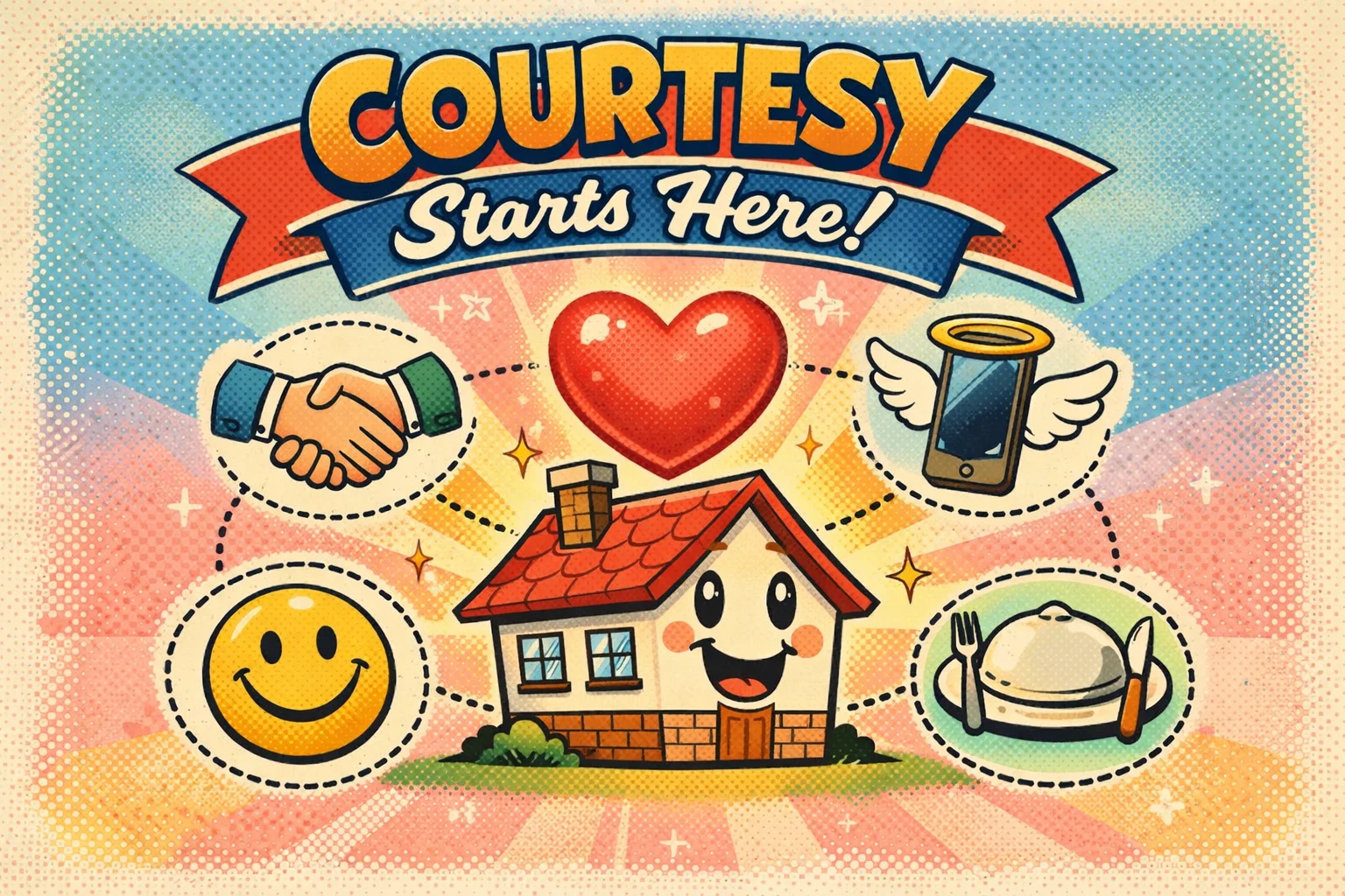 Colorful poster of home courtesy icons around heart topped house showing essence of good manners.
