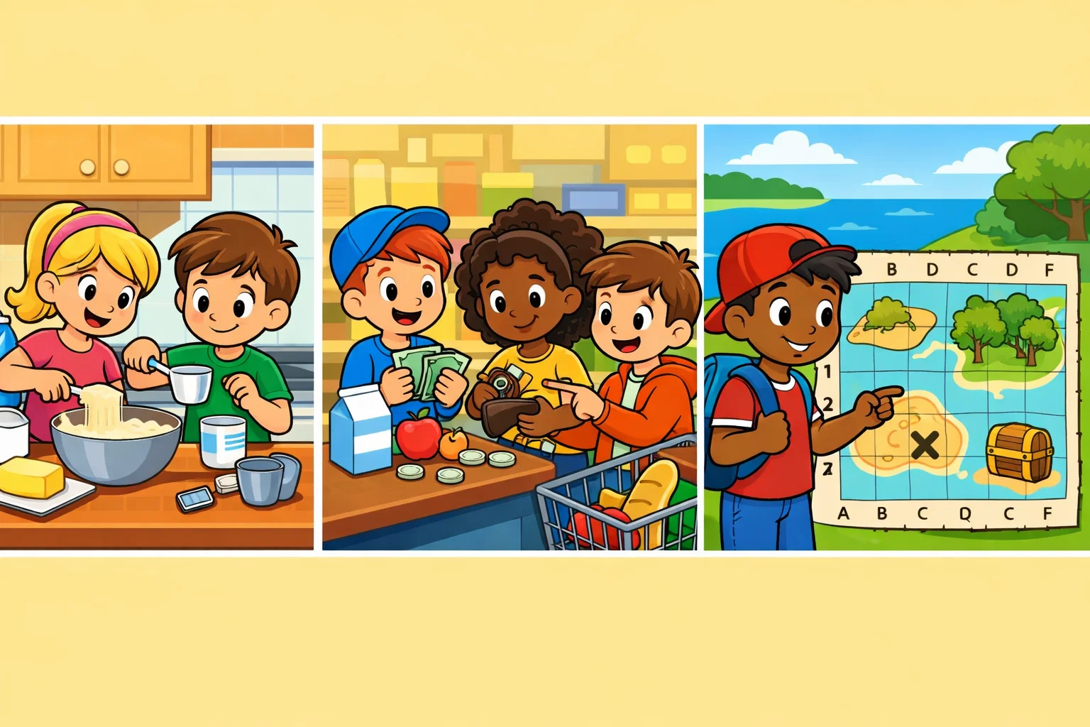 Essential math skills in everyday life shown through shopping, cooking, and maps.