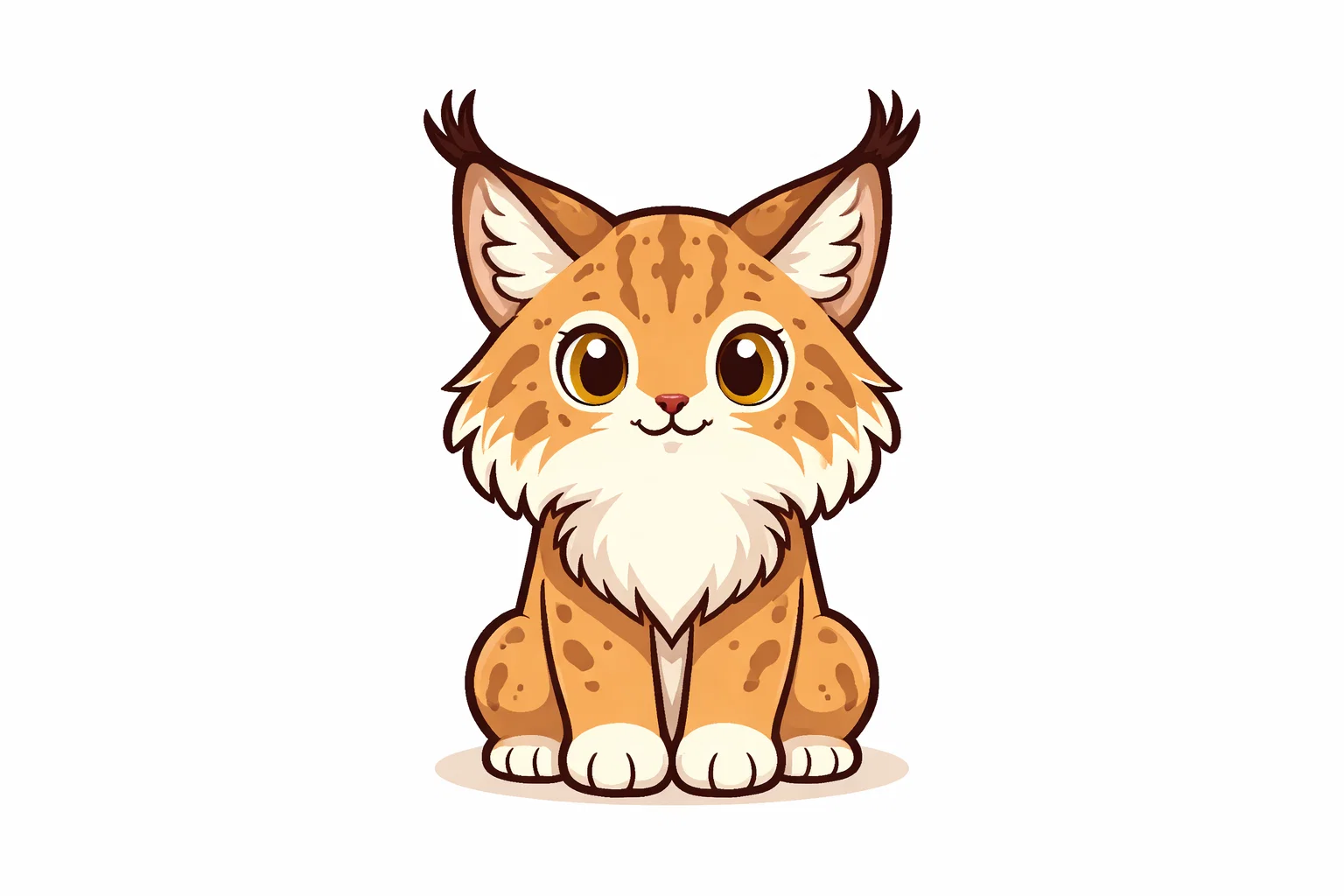 Eurasian lynx cartoon sitting with ear tufts and fluffy cheeks.
