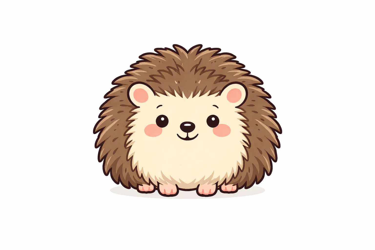 European hedgehog cartoon with soft spikes and tiny feet.
