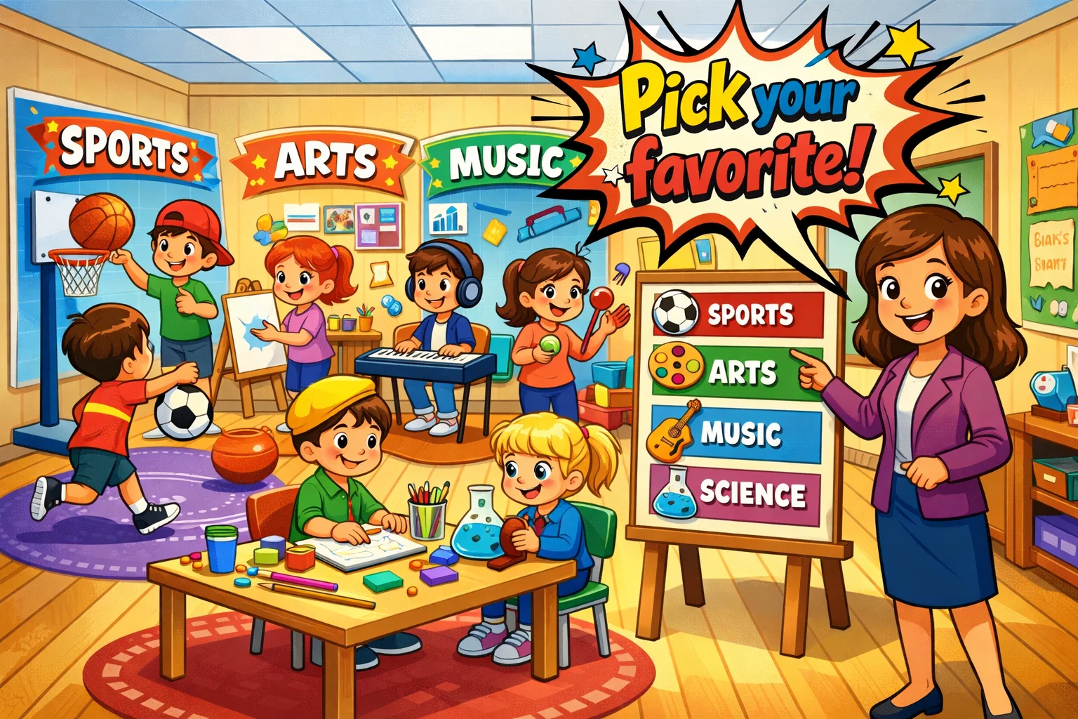 Kids trying extracurricular activities organized by category in classroom.