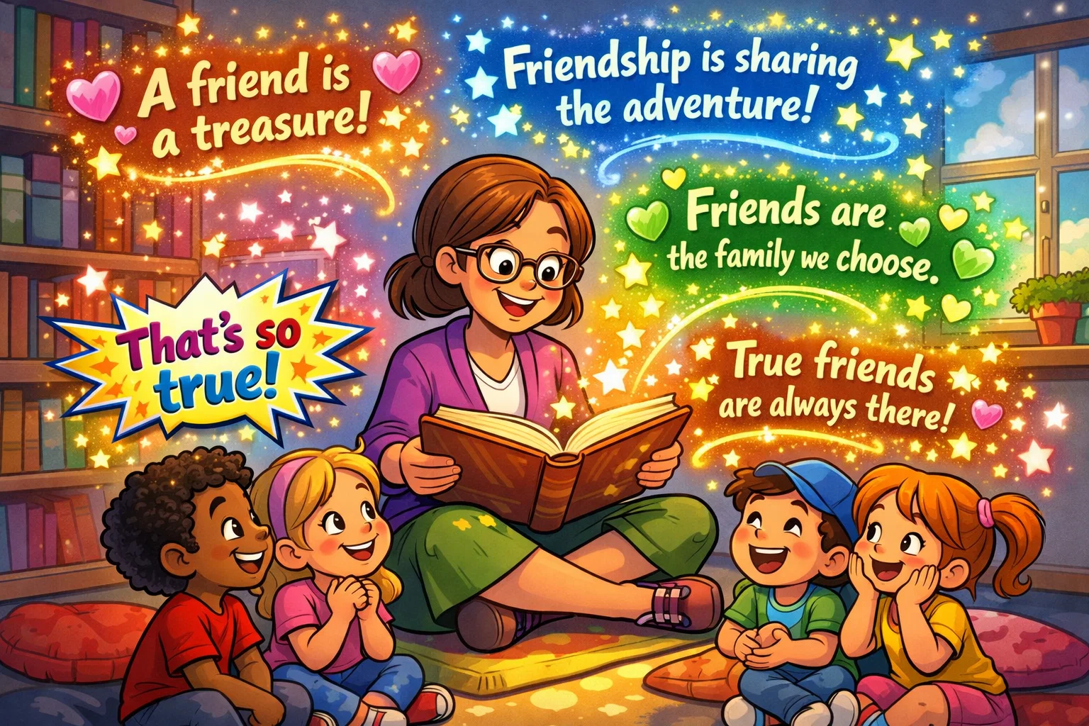 Teacher sharing famous friendship quotes from children’s books with kids
