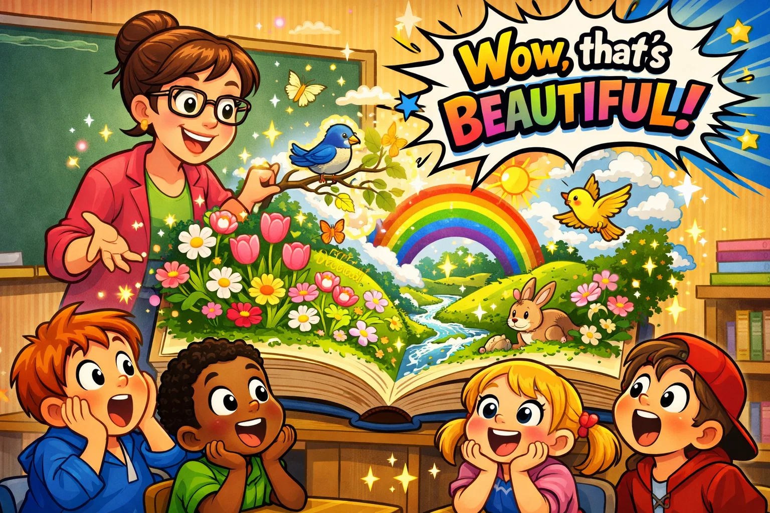 Famous spring poems for kids presented by a teacher in the classroom.
