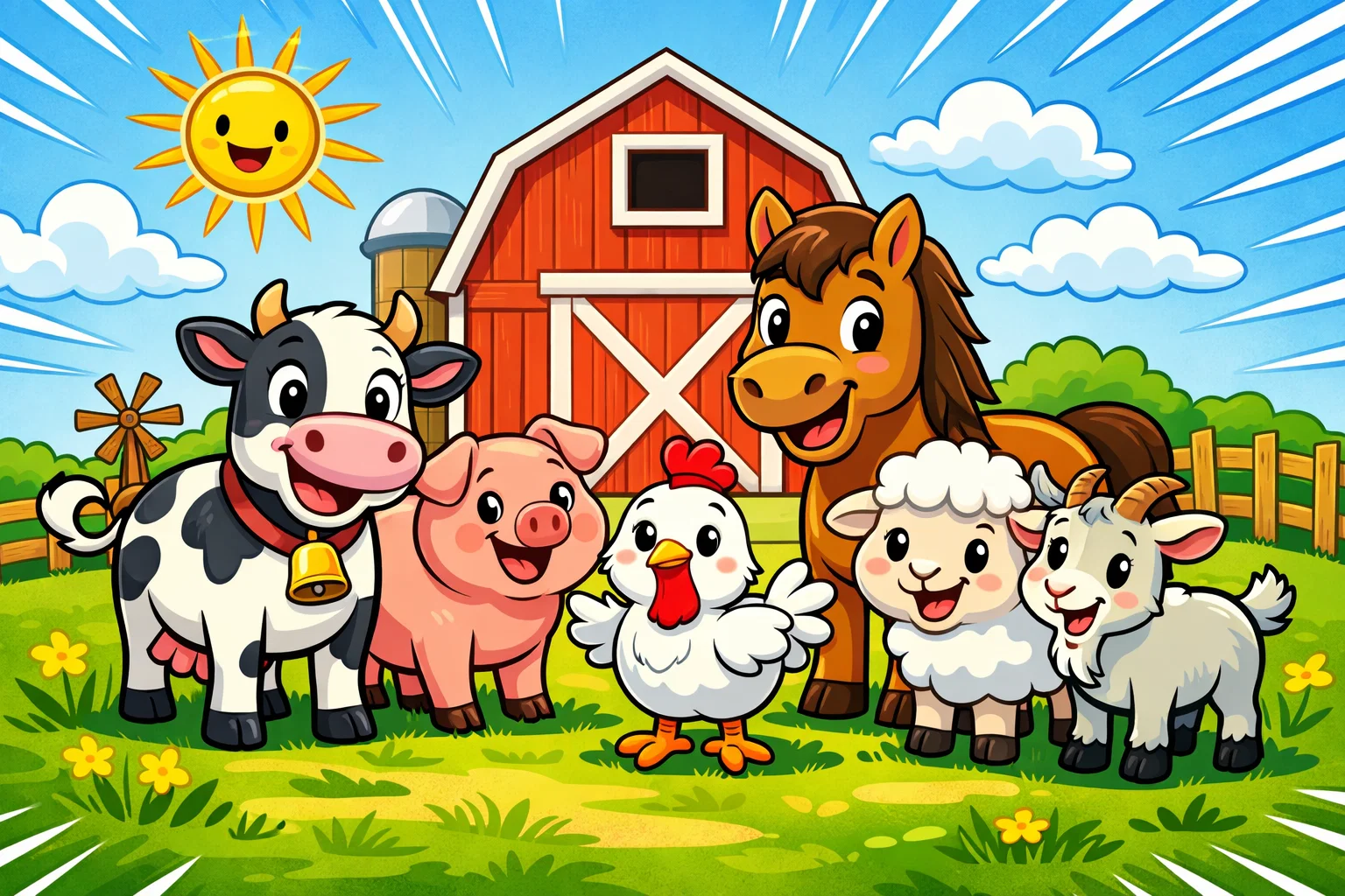  Farm animal facts for kids cartoon with cow, pig, horse, and chicken.
