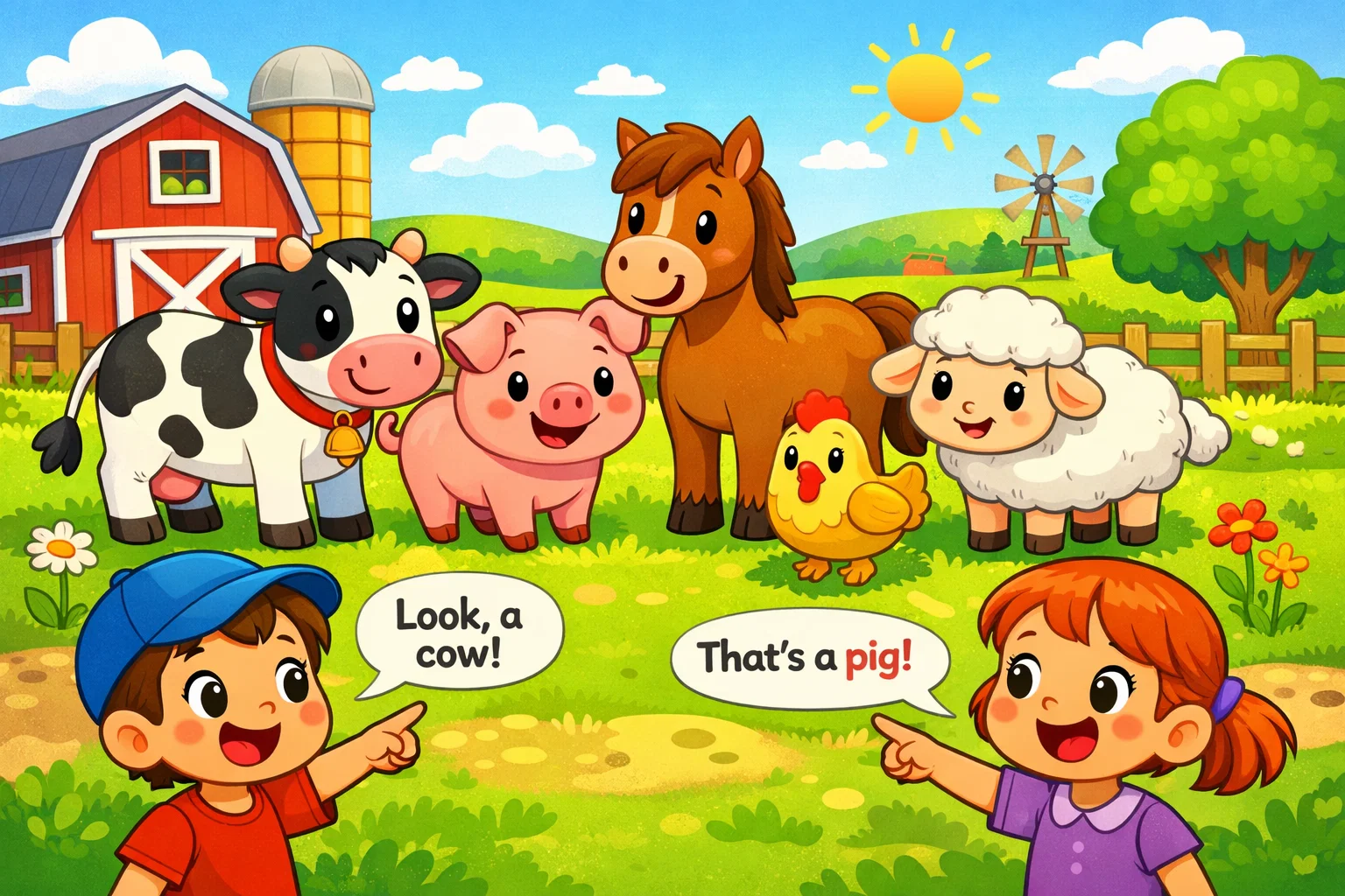  Farm animal names English kids image with cow, pig, horse, sheep, and chicken.
