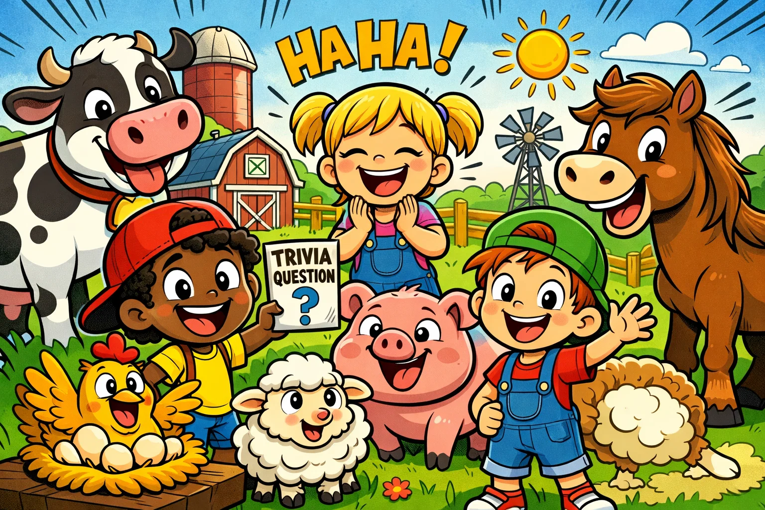 Farm life trivia questions for kids with children, cow, pig, chicken, and sheep.