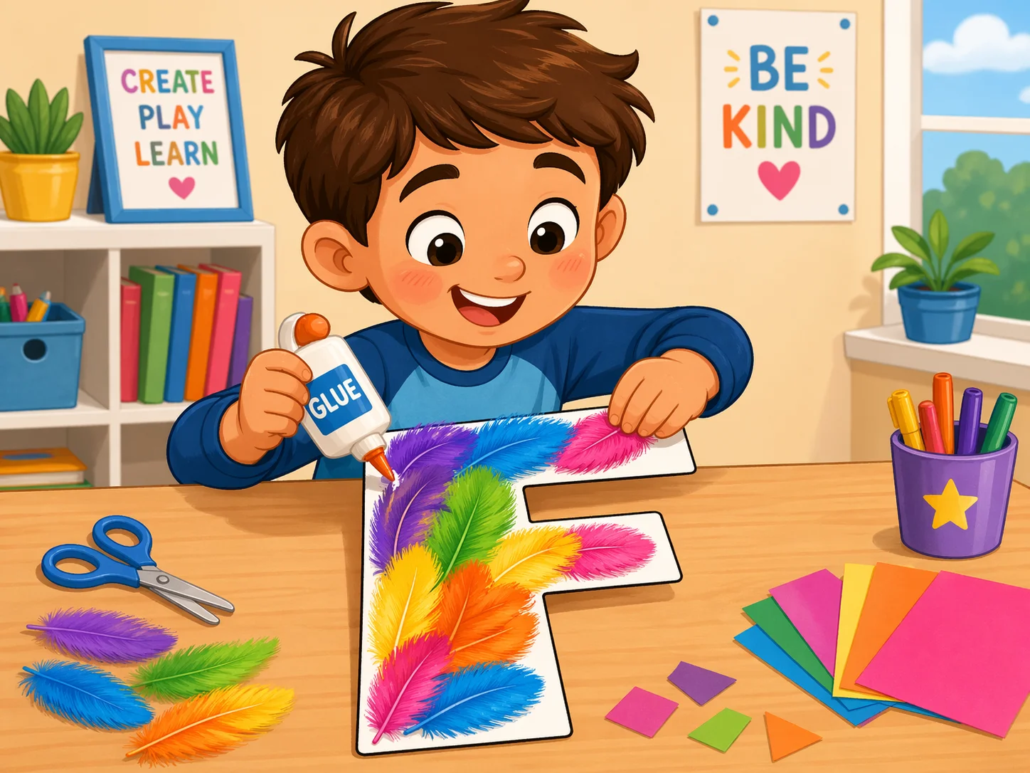 Feather letter F craft for kids with colorful feathers.