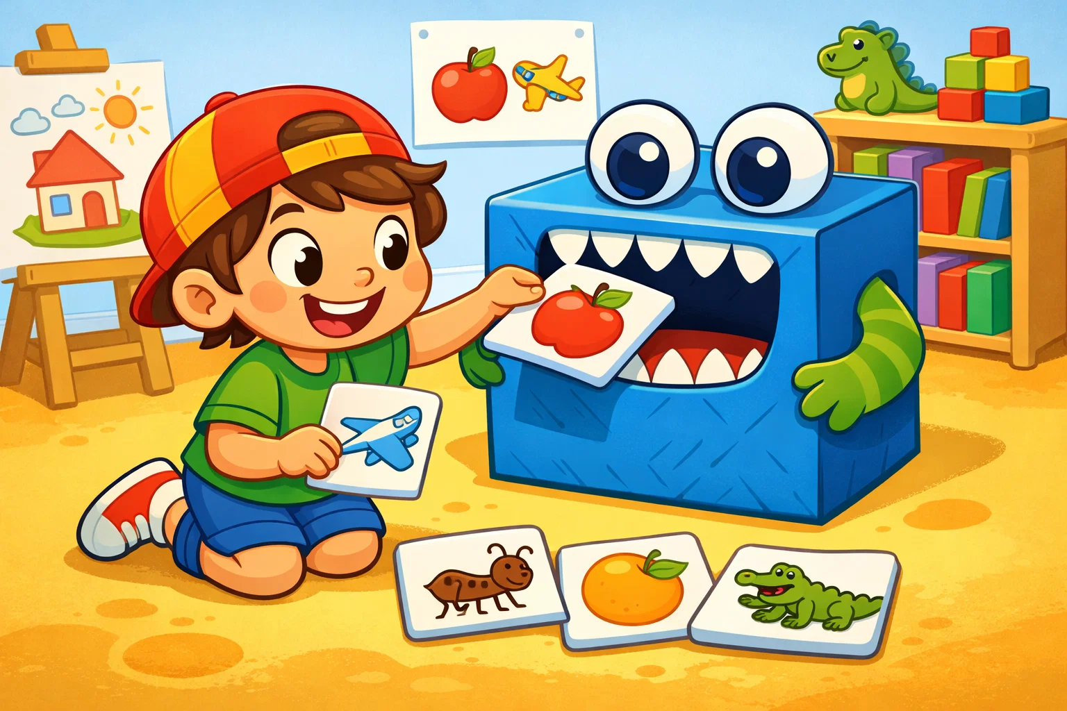 Feed Letter A monster activity with child adding A picture cards.
