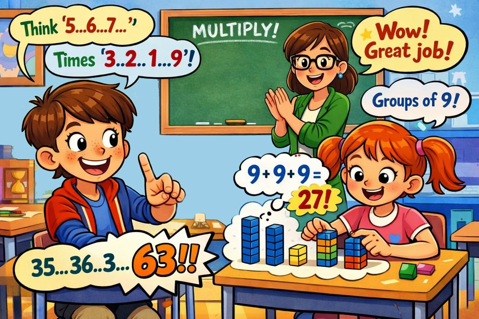 Finger and visual multiplication techniques helping students understand math concepts.
