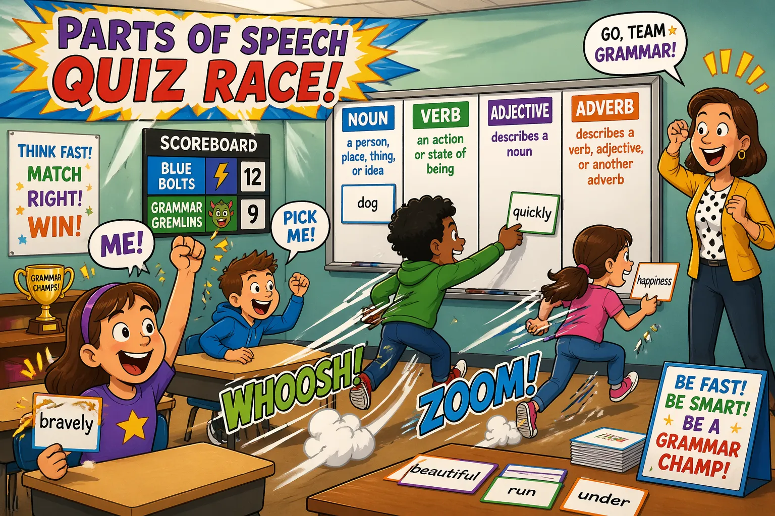 Flashcard quiz race parts of speech classroom game with students competing and matching answers. 