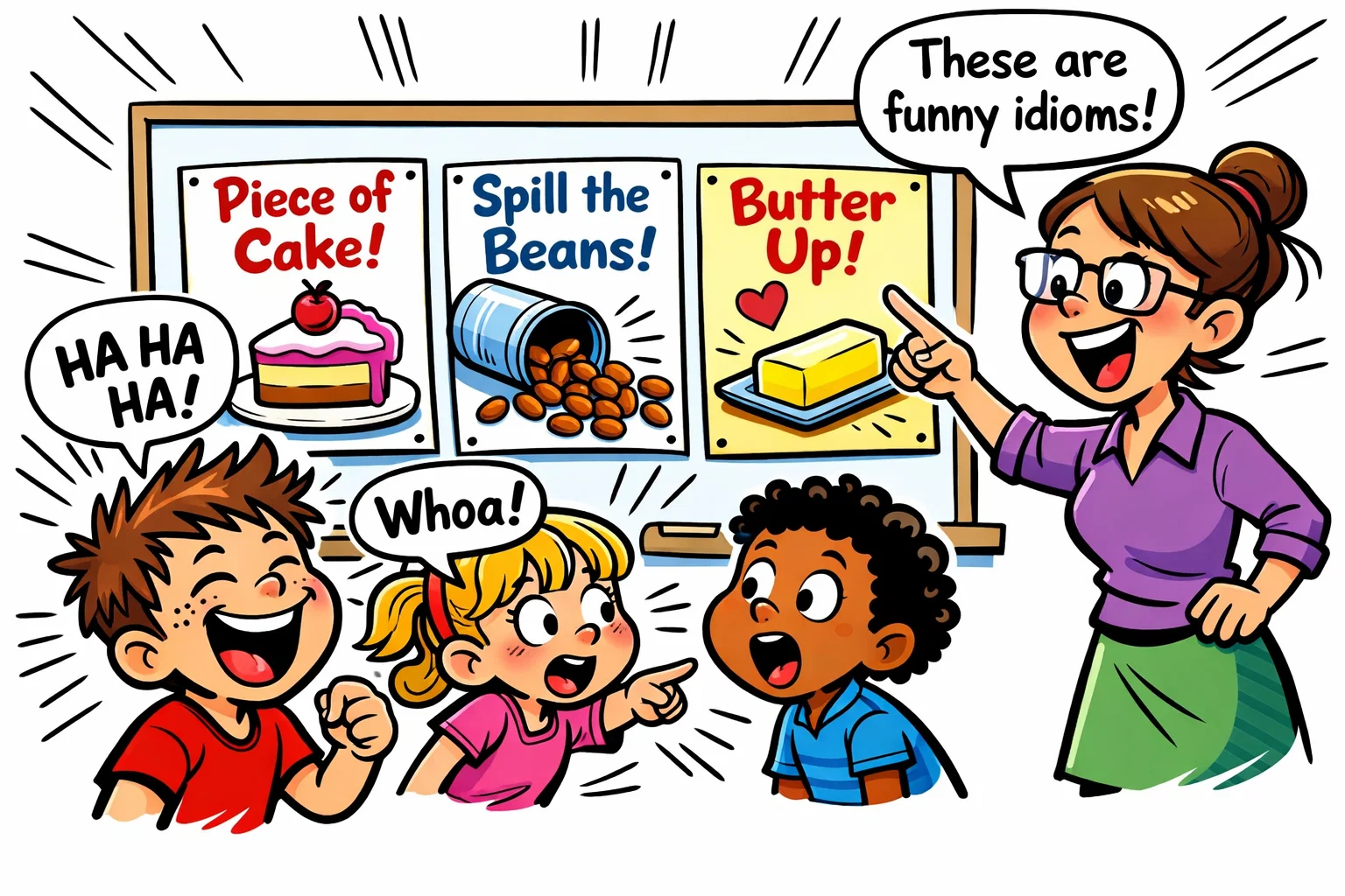 Food idioms for kids with cake, beans, and butter on bright cards.
