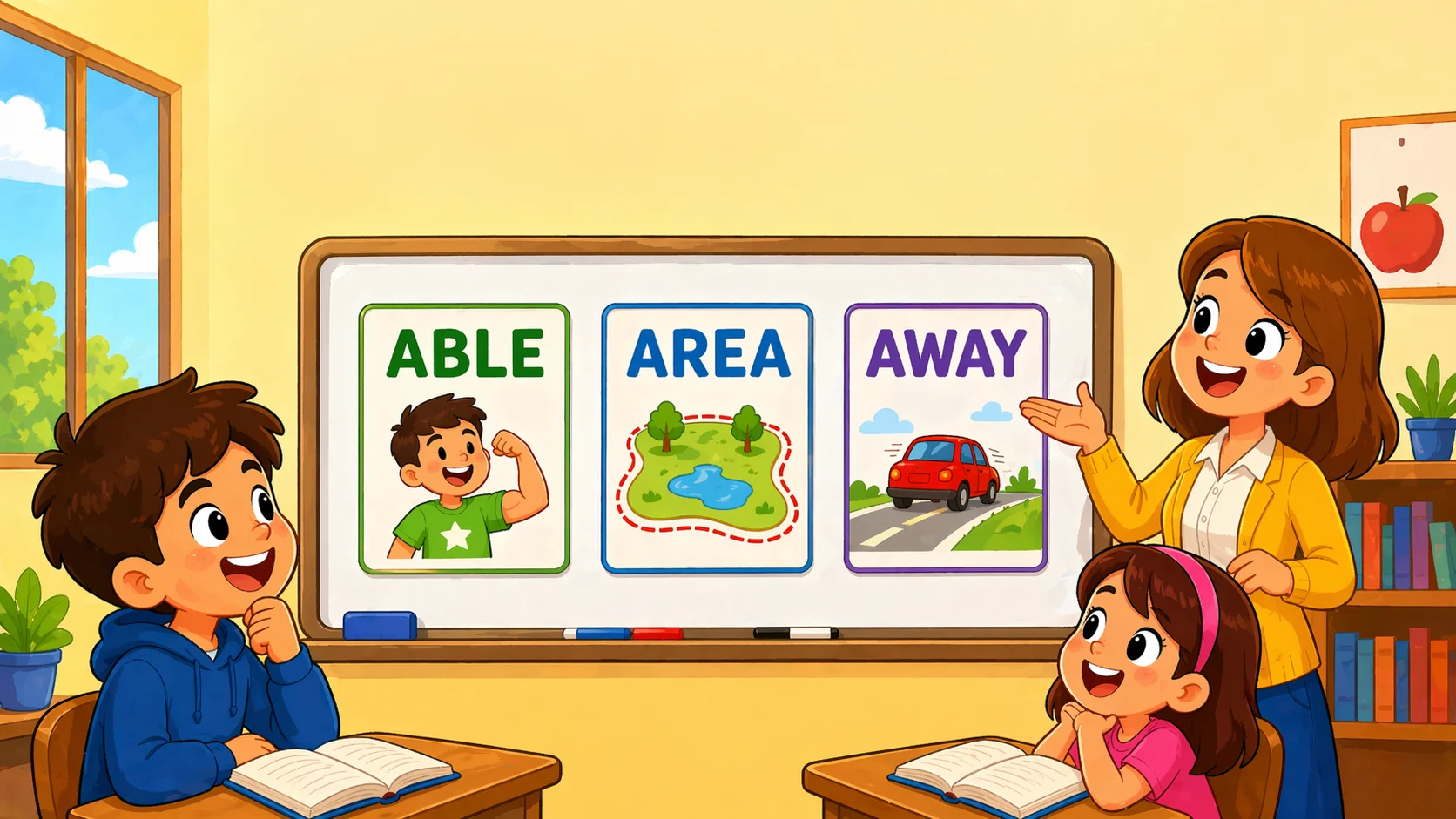 Four letter A words meanings and examples lesson with teacher and students.