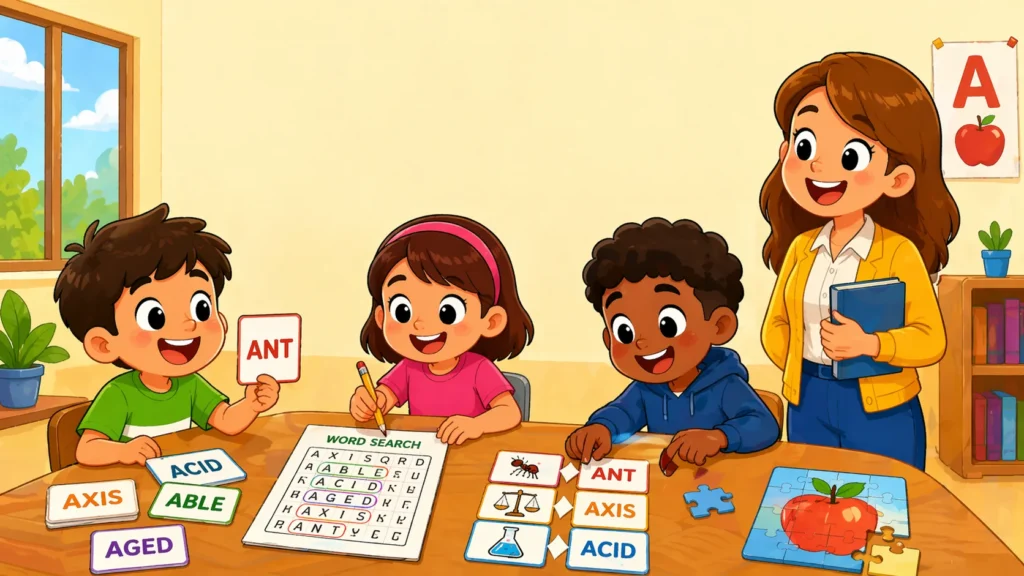 Four letter words that start with A classroom activity with kids and teacher.