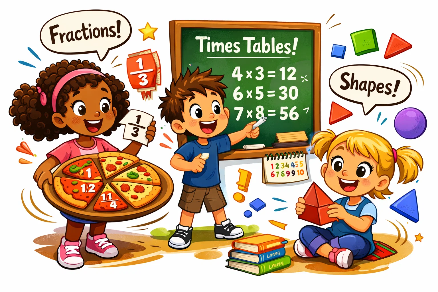 Fraction multiplication geometry problems kids with shapes, numbers and learning. 