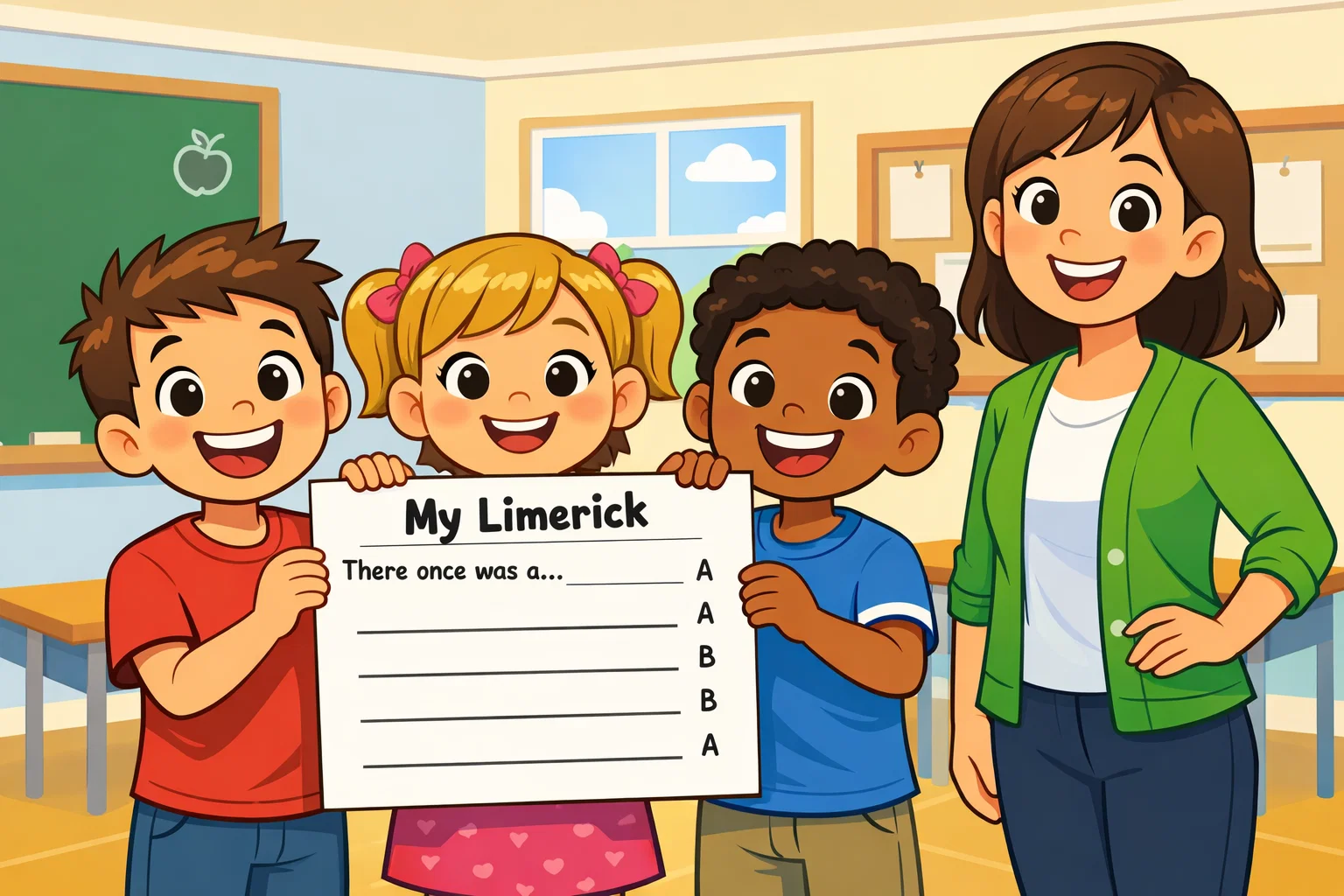 Free printable limerick worksheet with kids holding an AABBA practice page.
