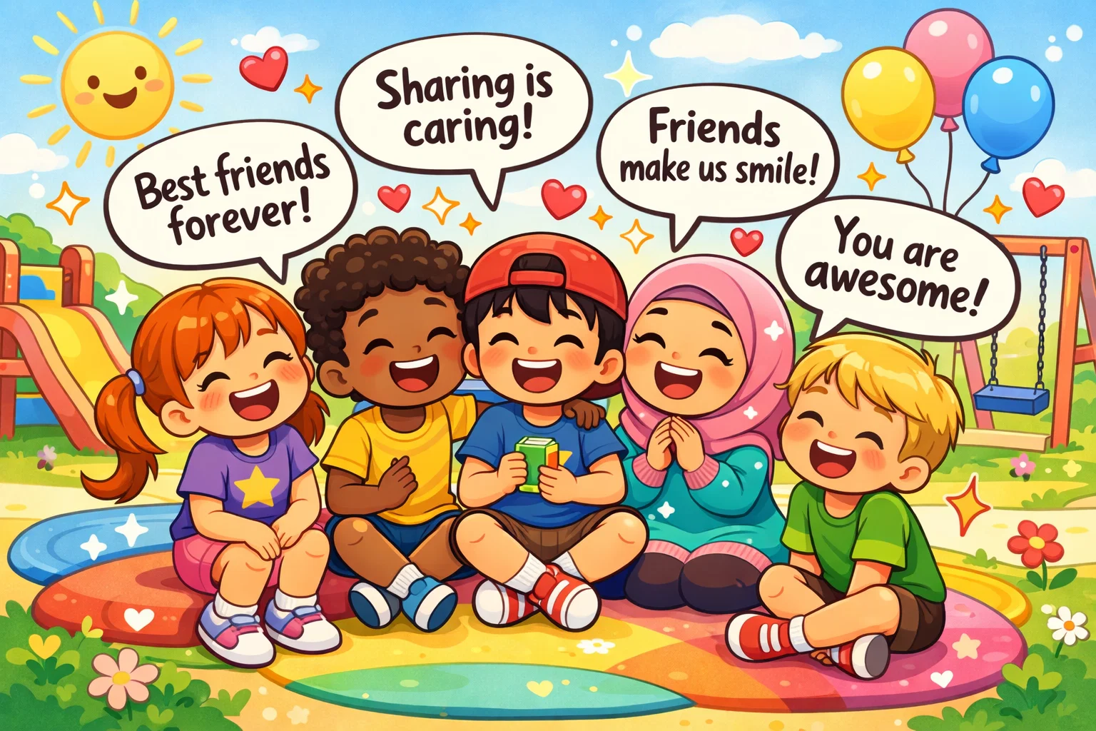 Kids sharing short funny friendship quotes on a playground with smiles and speech bubbles.