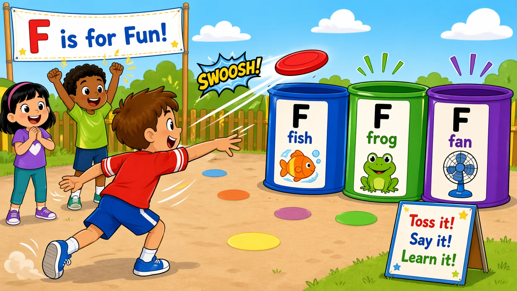 Frisbee toss phonics game for letter F practice with kids.