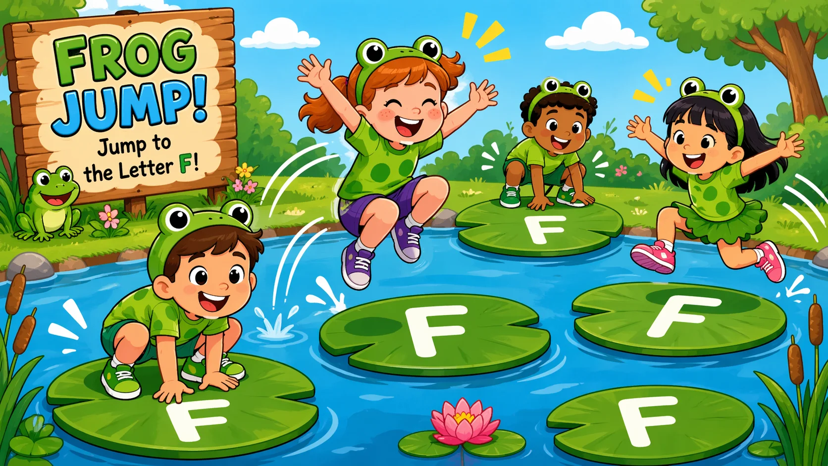 Frog jump game for letter F learning and movement play.