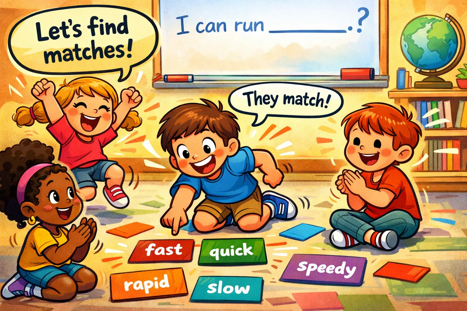 Kids practicing synonyms with matching games using fast, quick, and rapid cards. 
