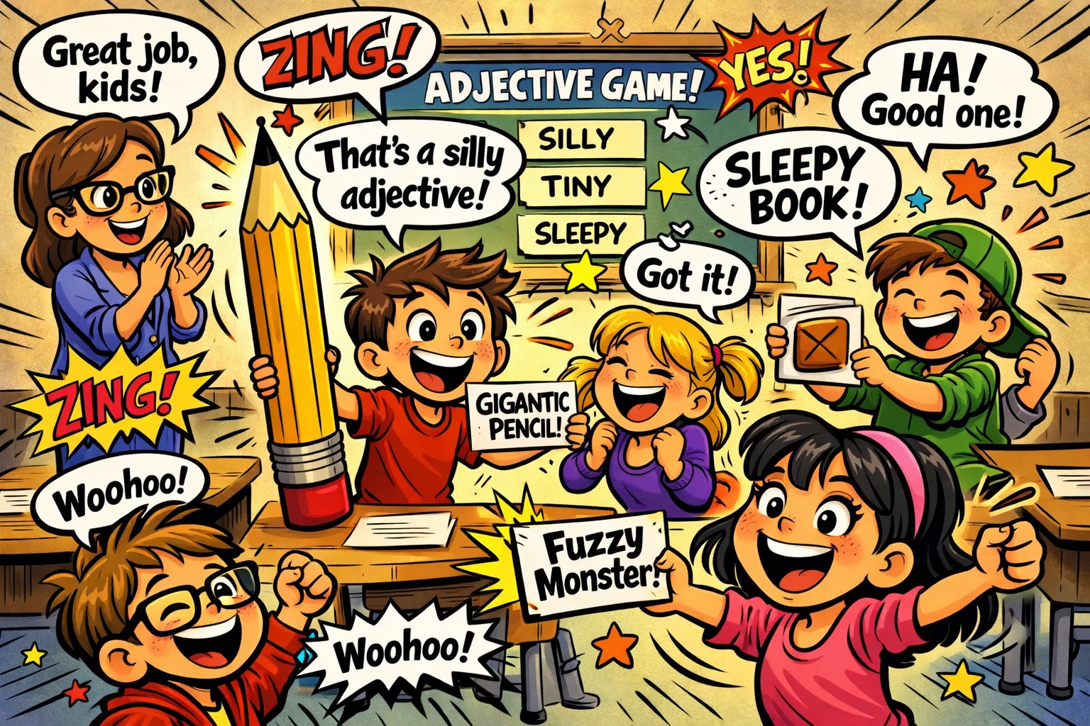 Kids enjoying fun adjective activities and games and learning descriptive words.
