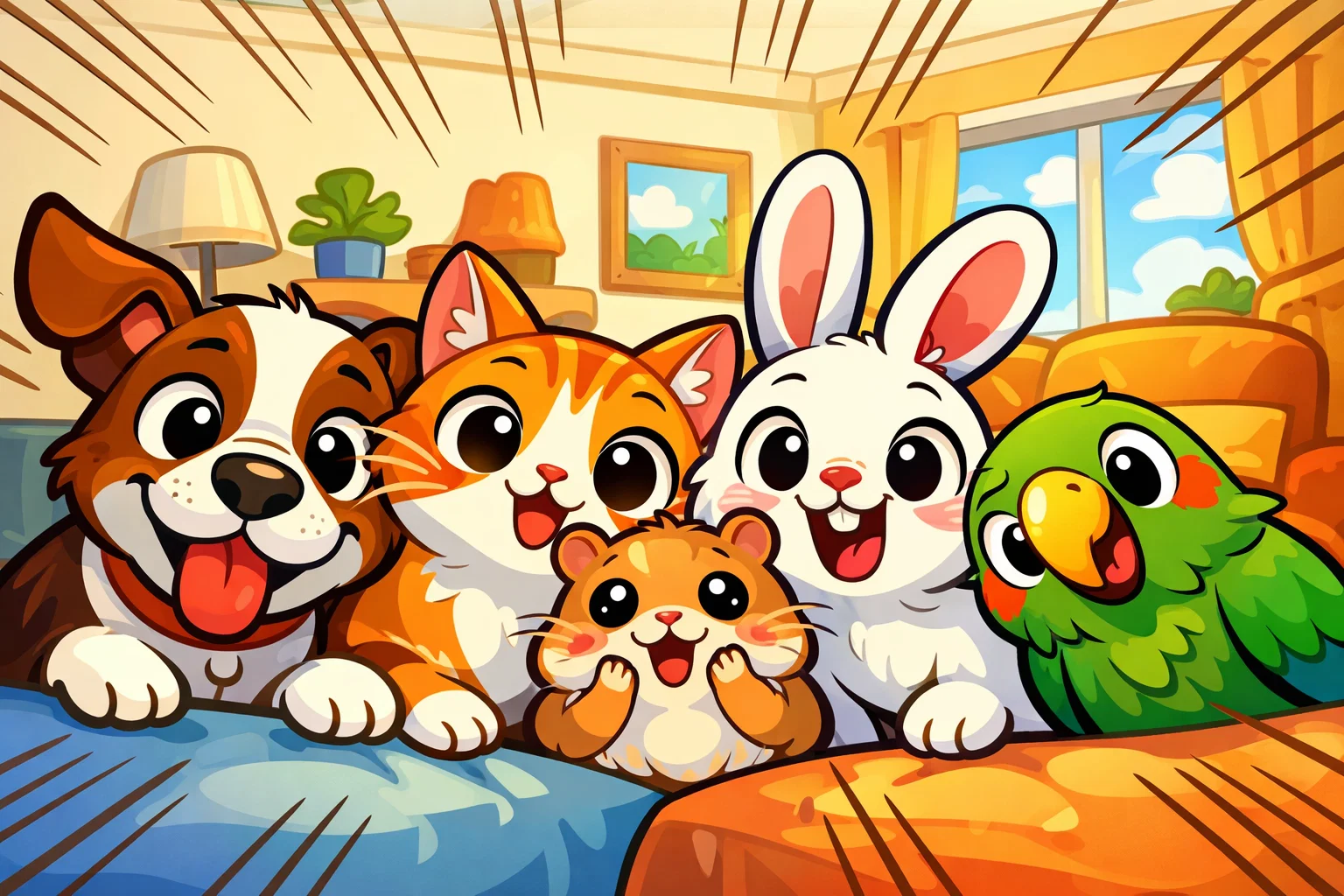  Fun animal facts about pets cartoon with dog, cat, rabbit, and parrot.
