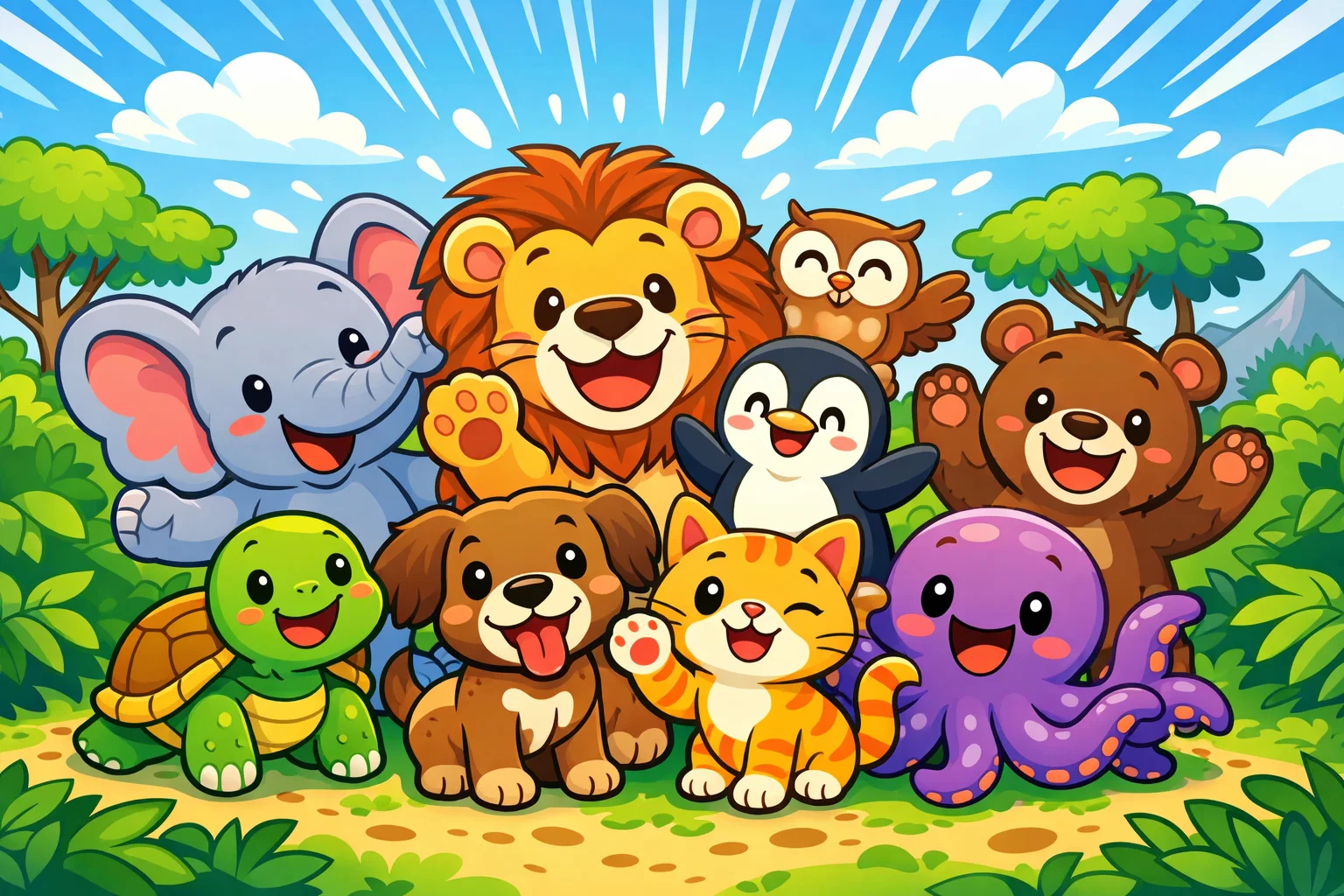 Fun animal facts for kids cartoon with many playful animals together.