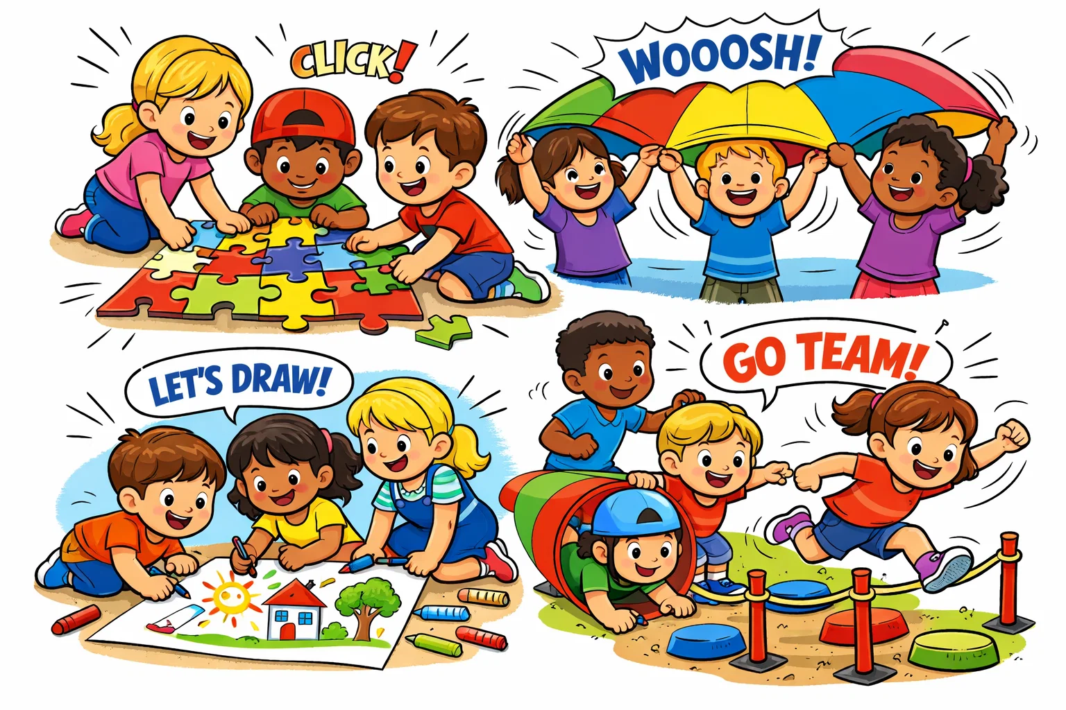  Fun cooperative play games for kids with puzzles, drawing, and teamwork.
