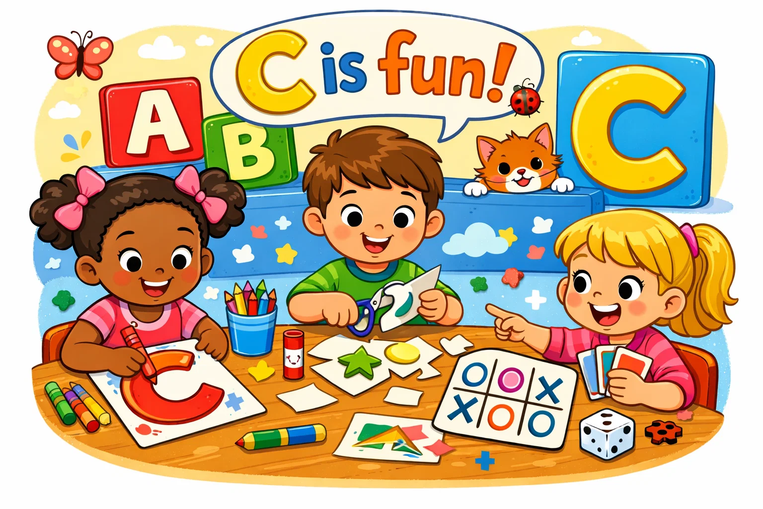 Fun letter C activities kids with coloring cutting and learning alphabet.