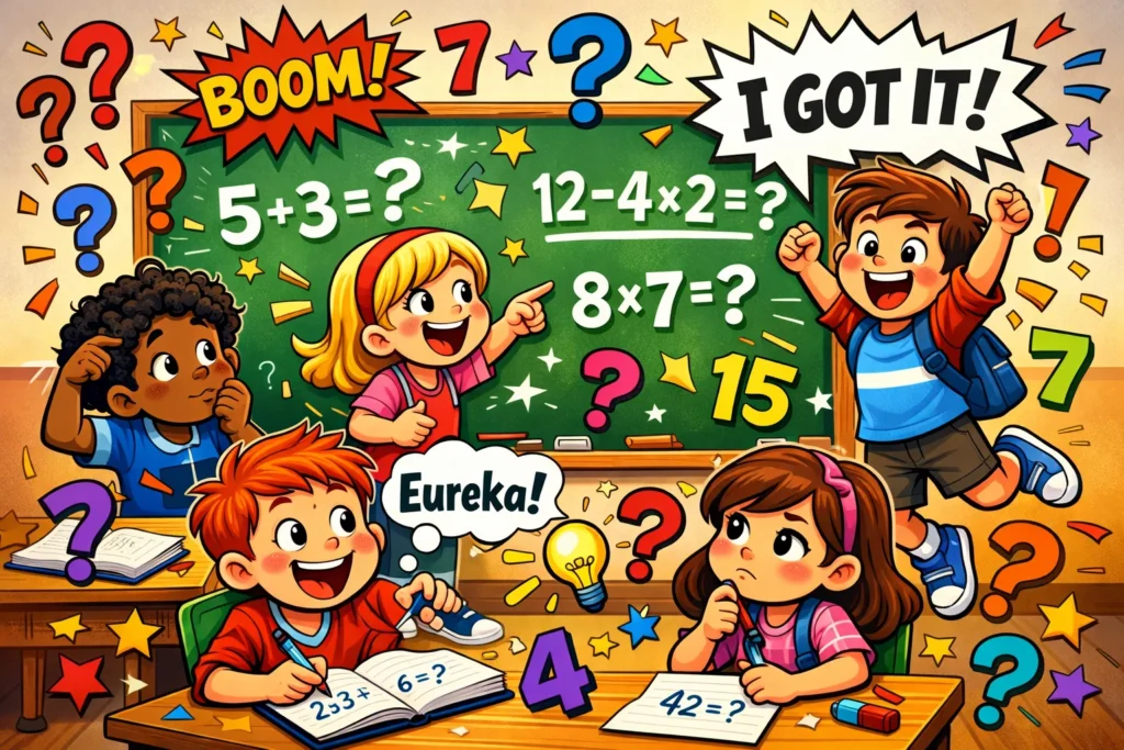 Fun math questions kids engaging problems with children solving equations.