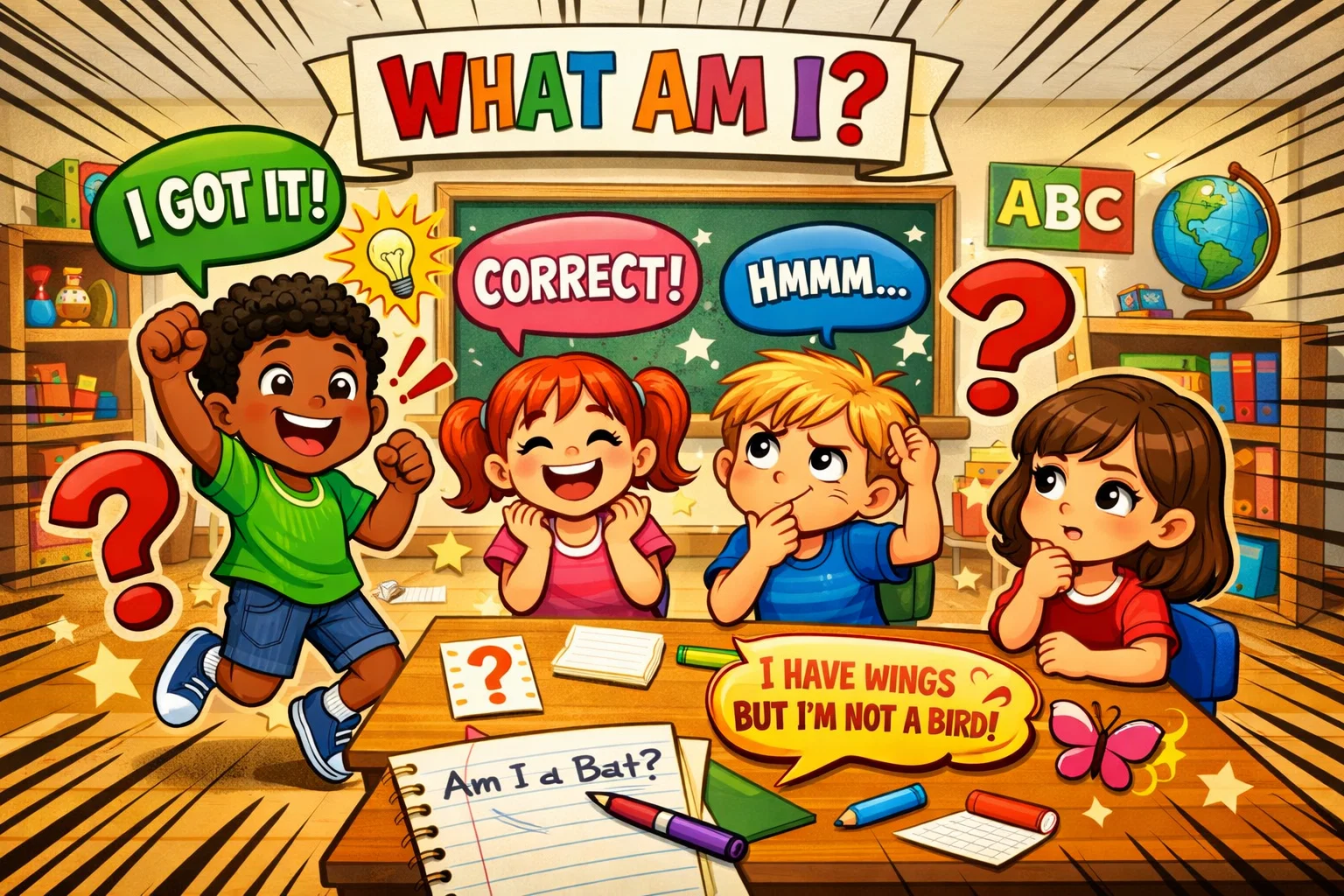 Fun What Am I riddles for kids in a playful cartoon scene with easy and hard clues.