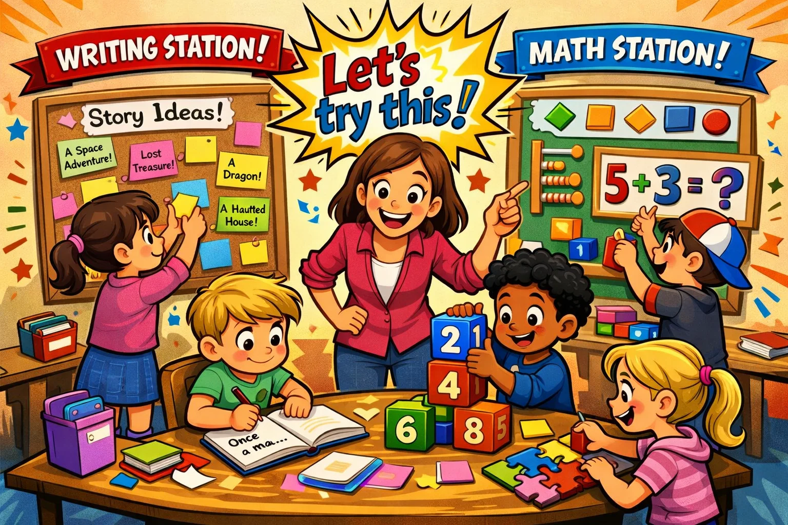  Functional classroom decoration with writing and math centers helping students learn.
