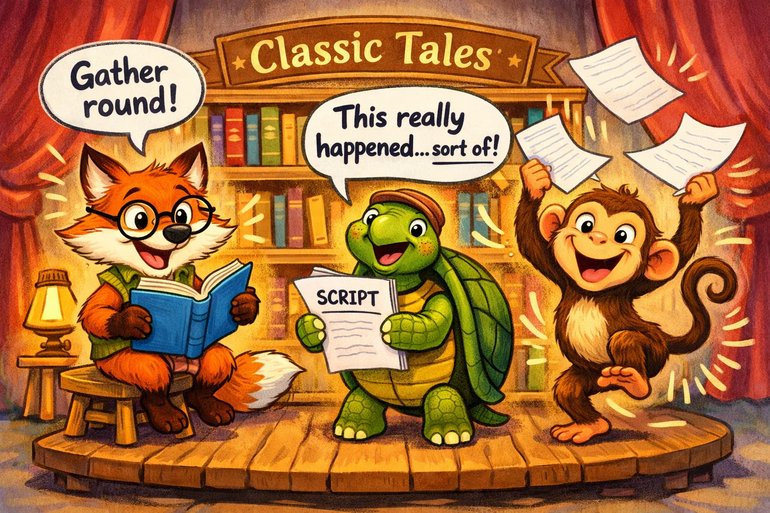 Funny animal characters perform classic tales on stage inspired by real literary origins.
