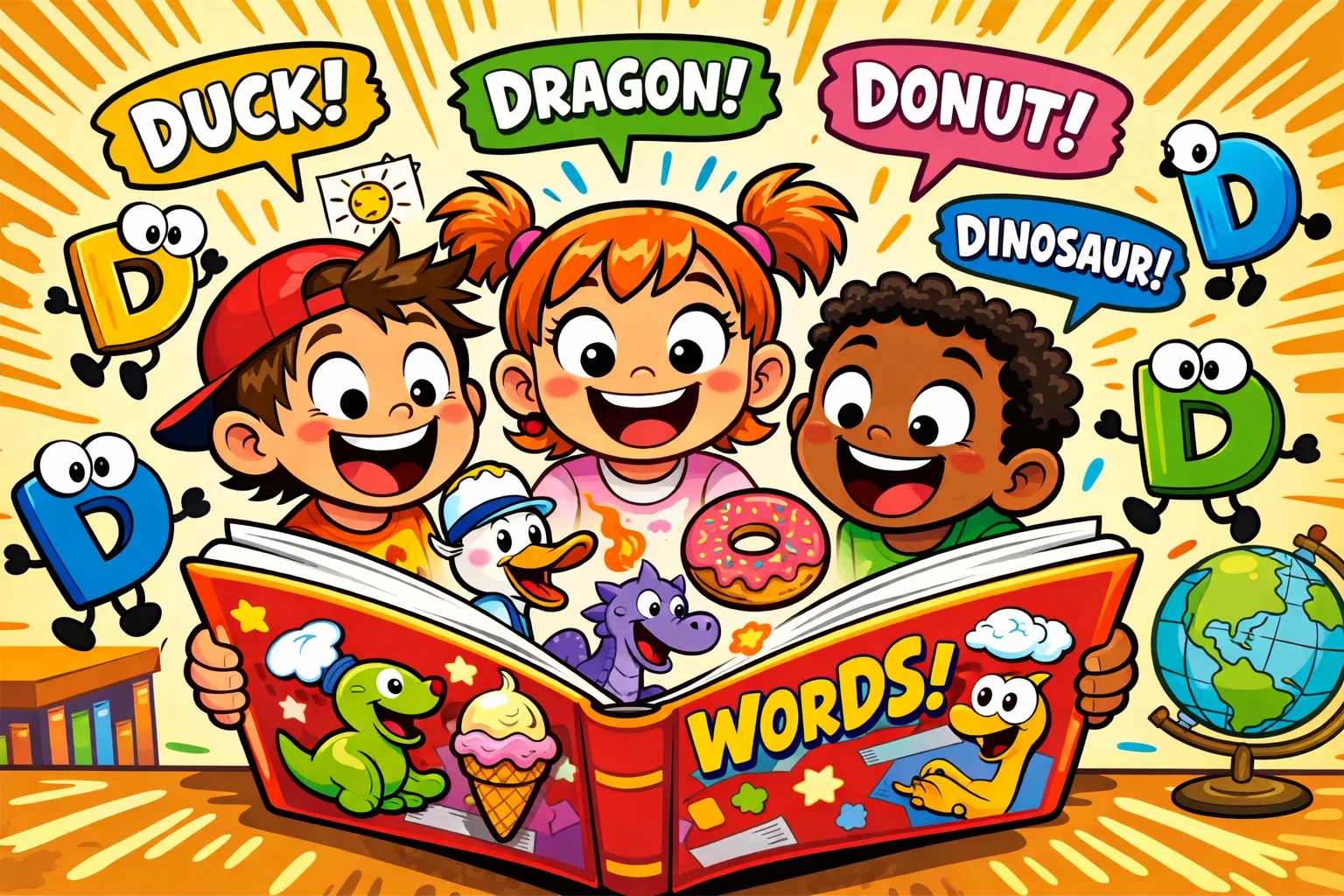 Funny D words for kids book with meanings and examples in a playful cartoon scene.