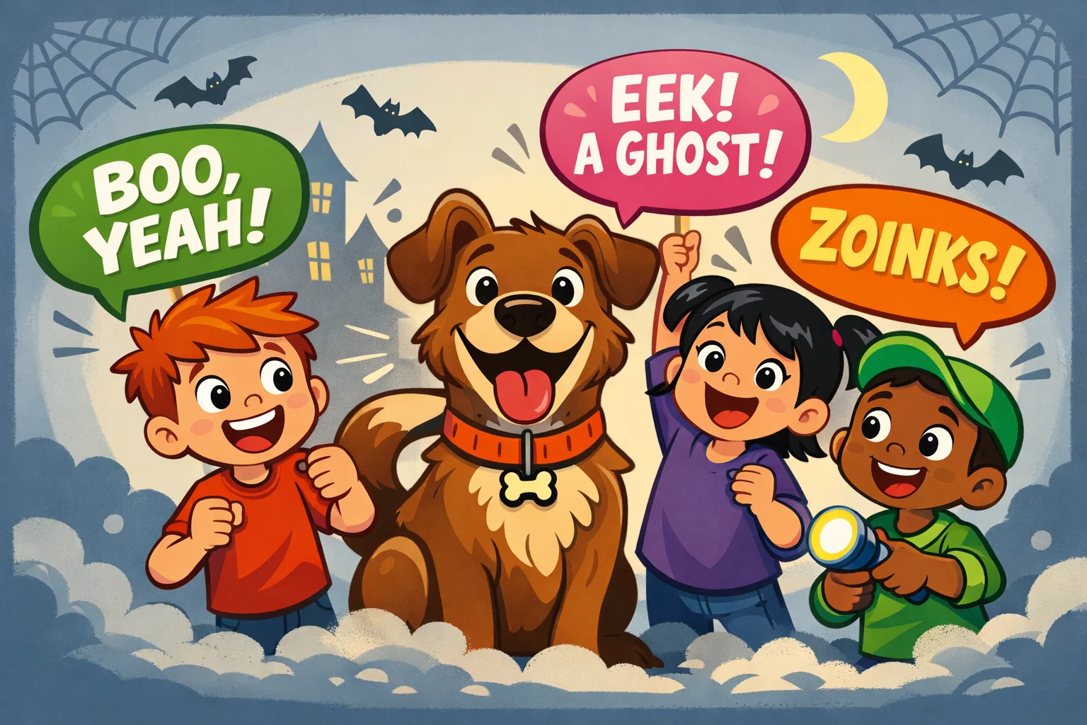 Funny dog and kids with catchphrases in a bright playful cartoon scene.
