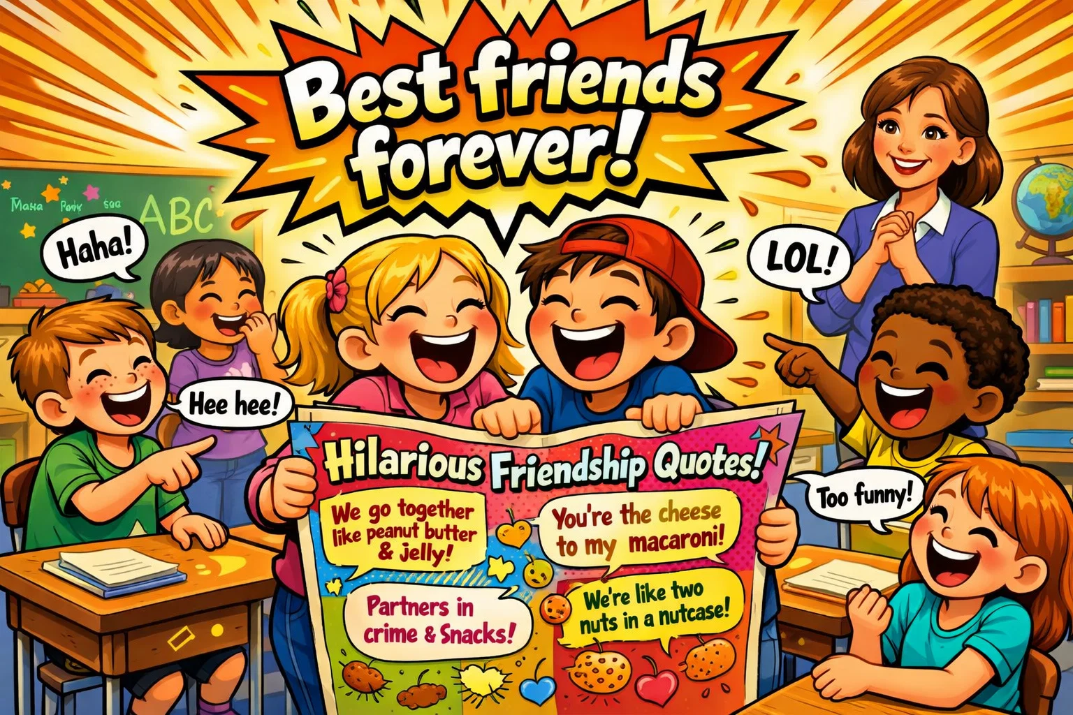 Kids laughing together while reading funny friendship quotes in class.
