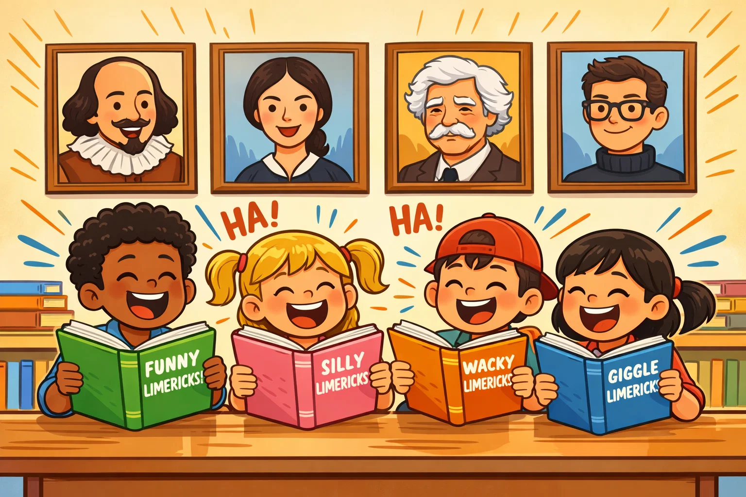 Funny limericks for kids with authors in a bright classroom scene.