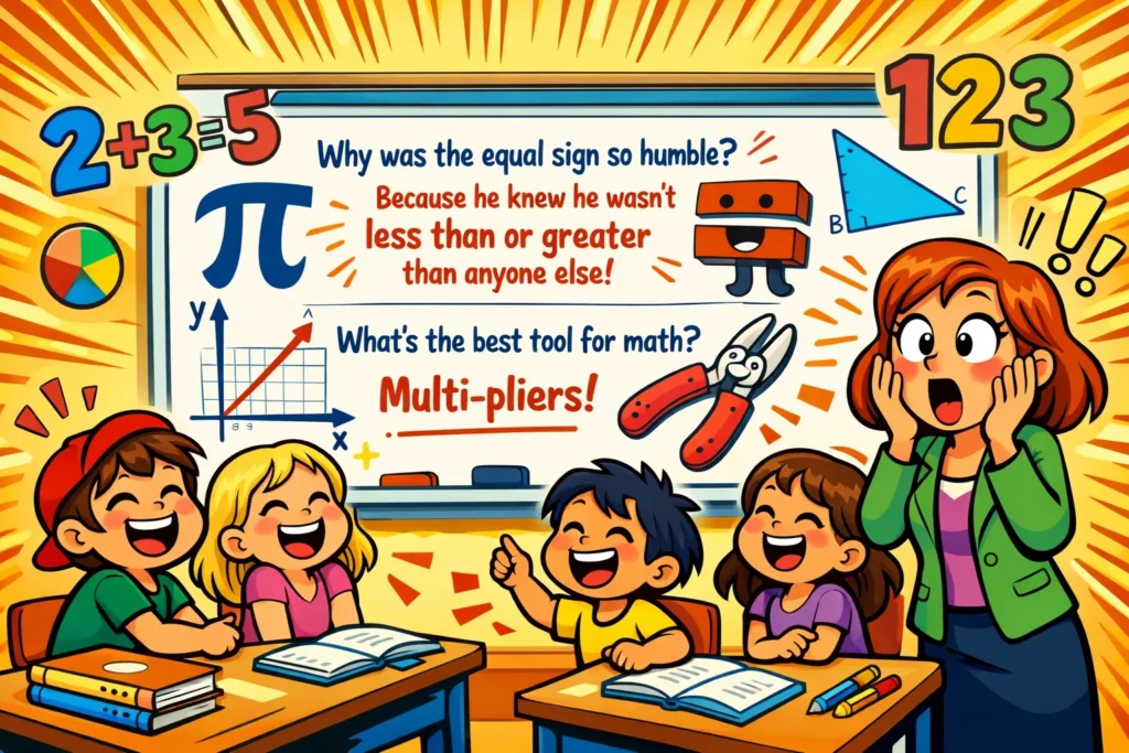 Funny math memes cover with students, pi puns, and geometry laughs.