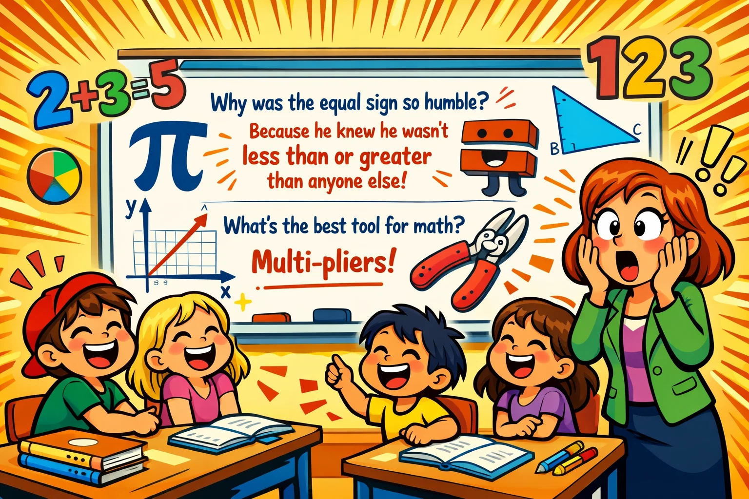 Funny math memes cover with students, pi puns, and geometry laughs.