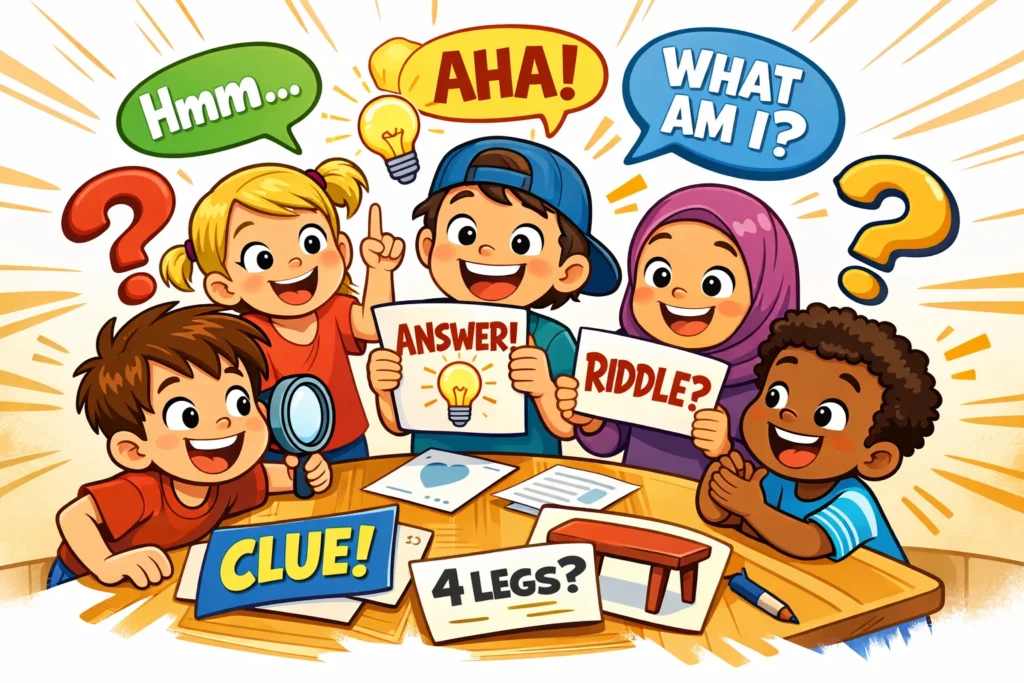 Funny riddles for kids of all grade levels with answers in a classroom scene.