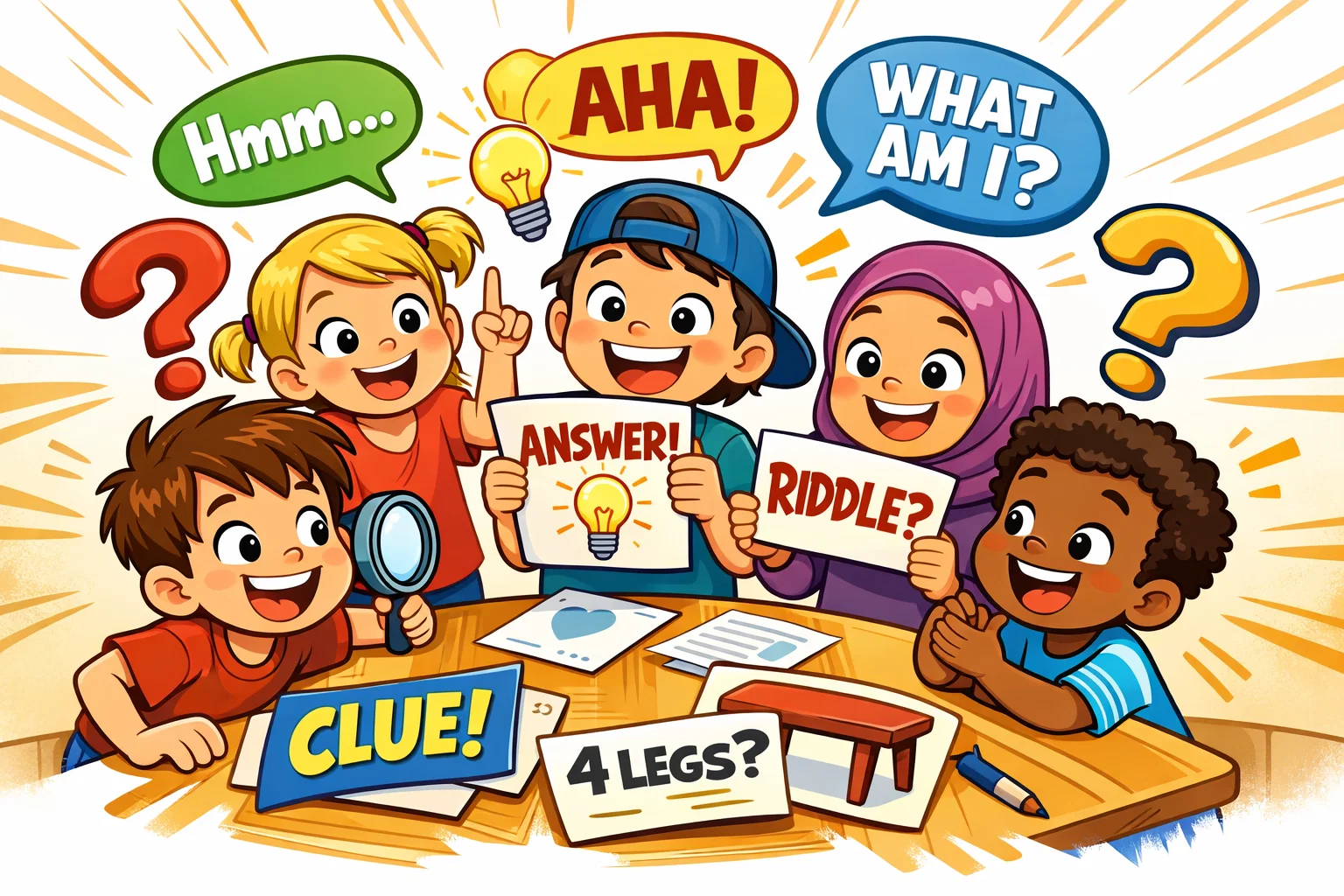 Funny riddles for kids of all grade levels with answers in a classroom scene.