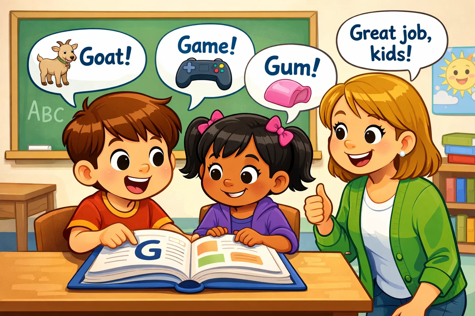 G word reading and speaking practice with kids, book, and speech bubbles.
