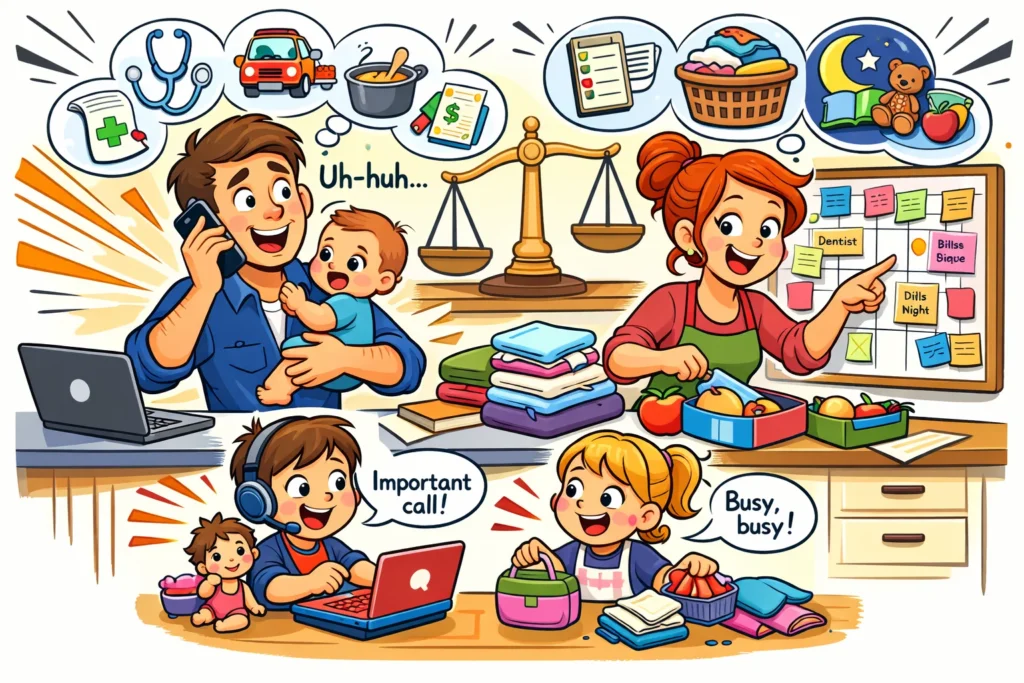 Gender roles in parenting family balance with shared care and mental load at home.