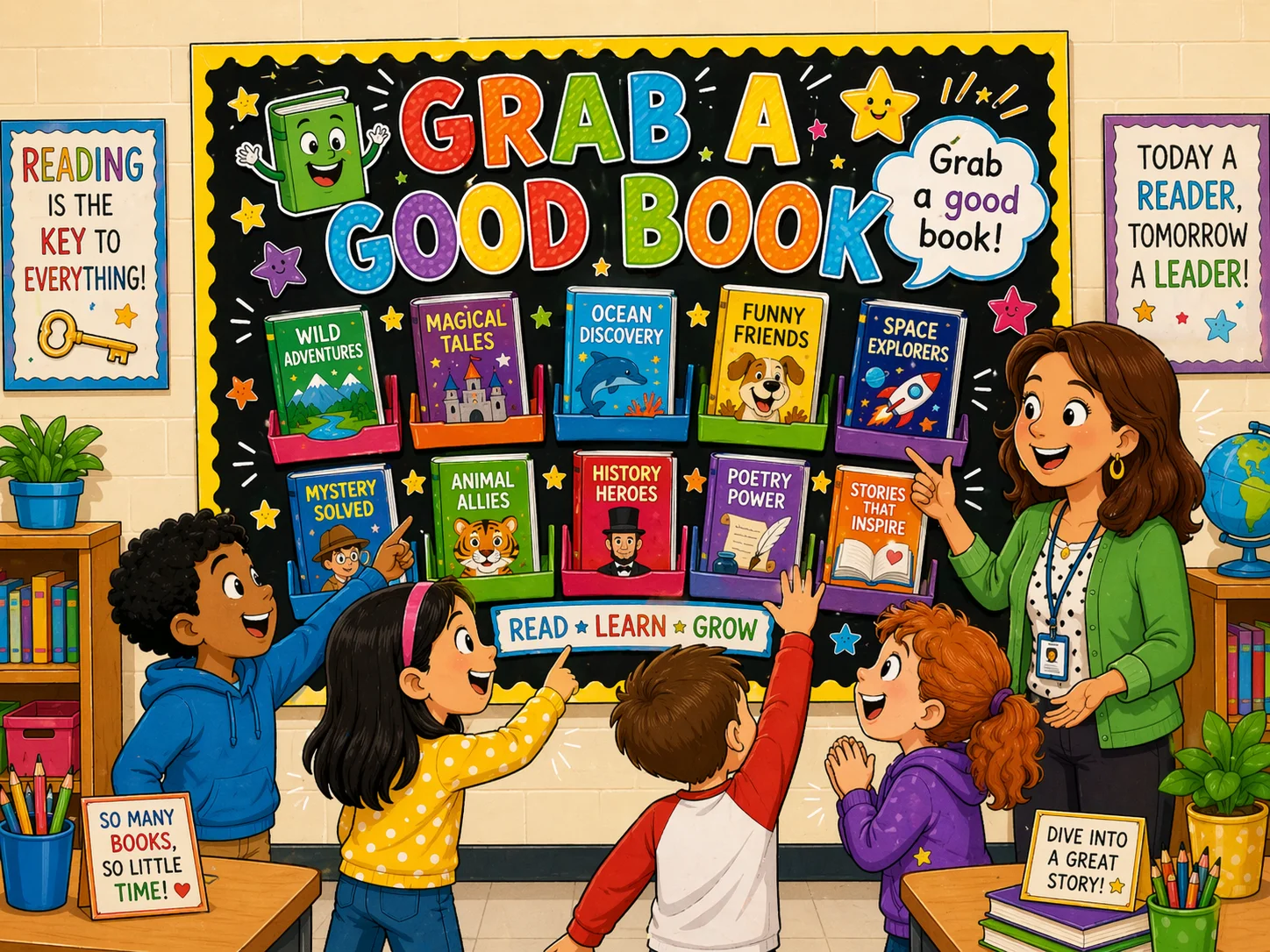 Grab good book display with elementary students choosing books from bulletin board.