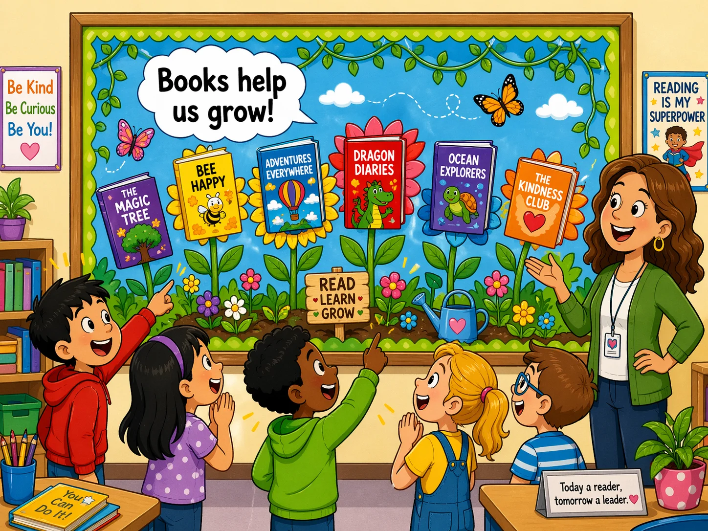 Growth garden book display with books as flowers on classroom bulletin board.