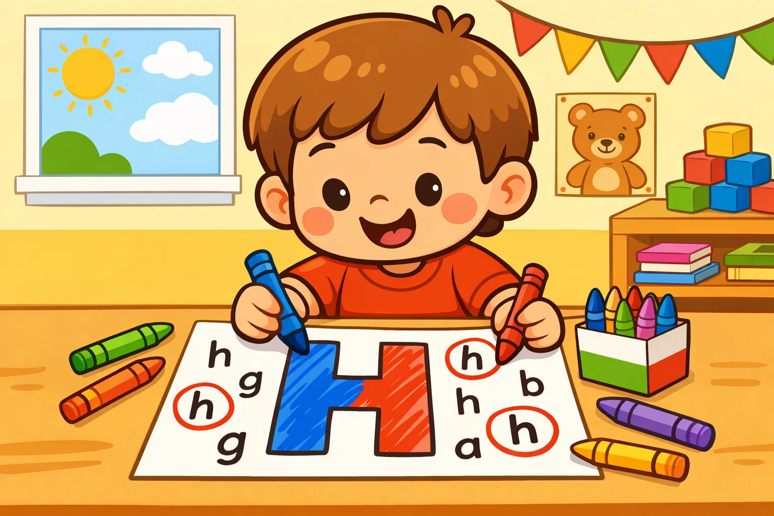 H coloring and identification worksheet for preschoolers with uppercase and lowercase h.