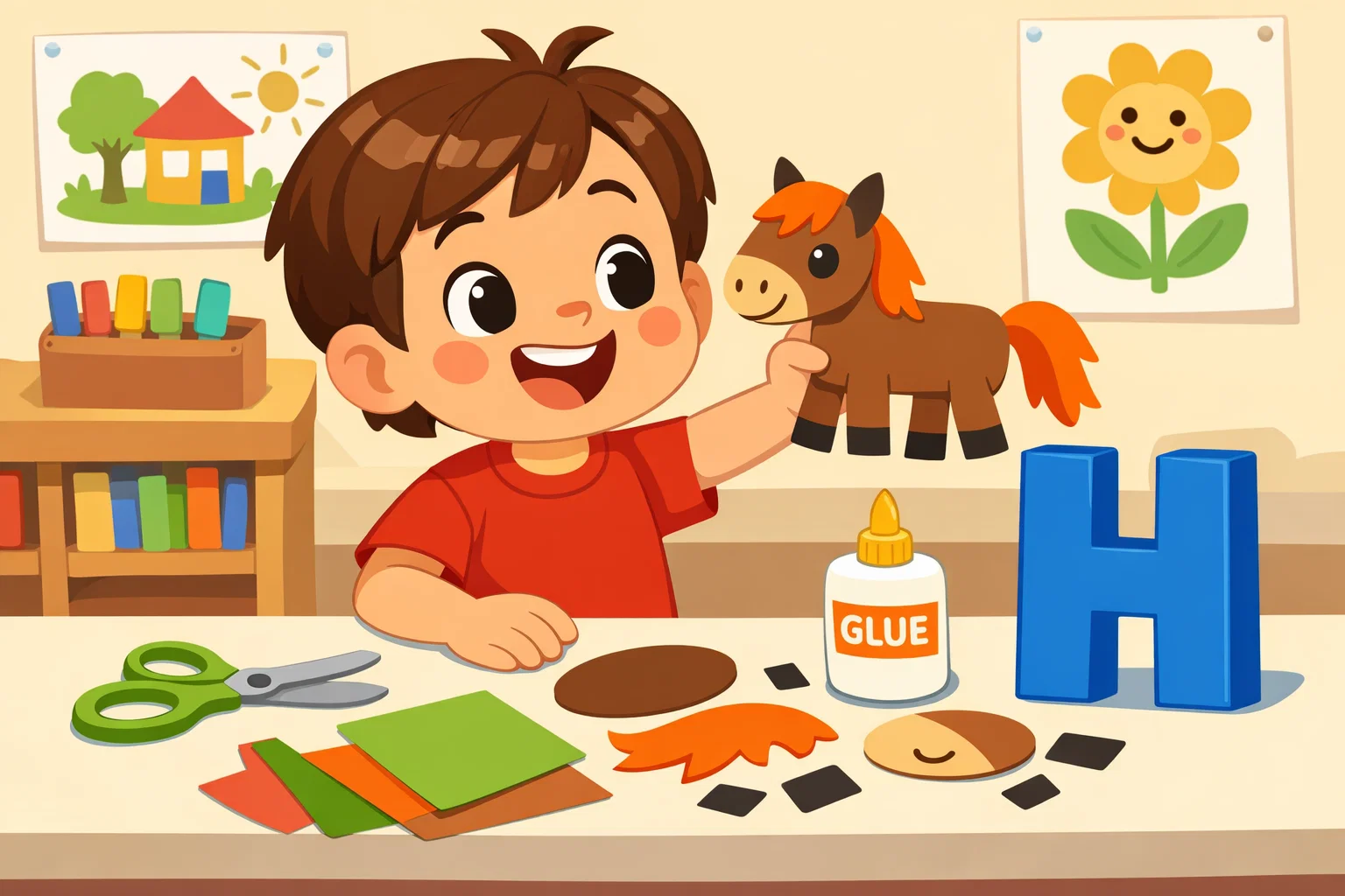 H is for horse craft for preschoolers with a paper horse and letter H.