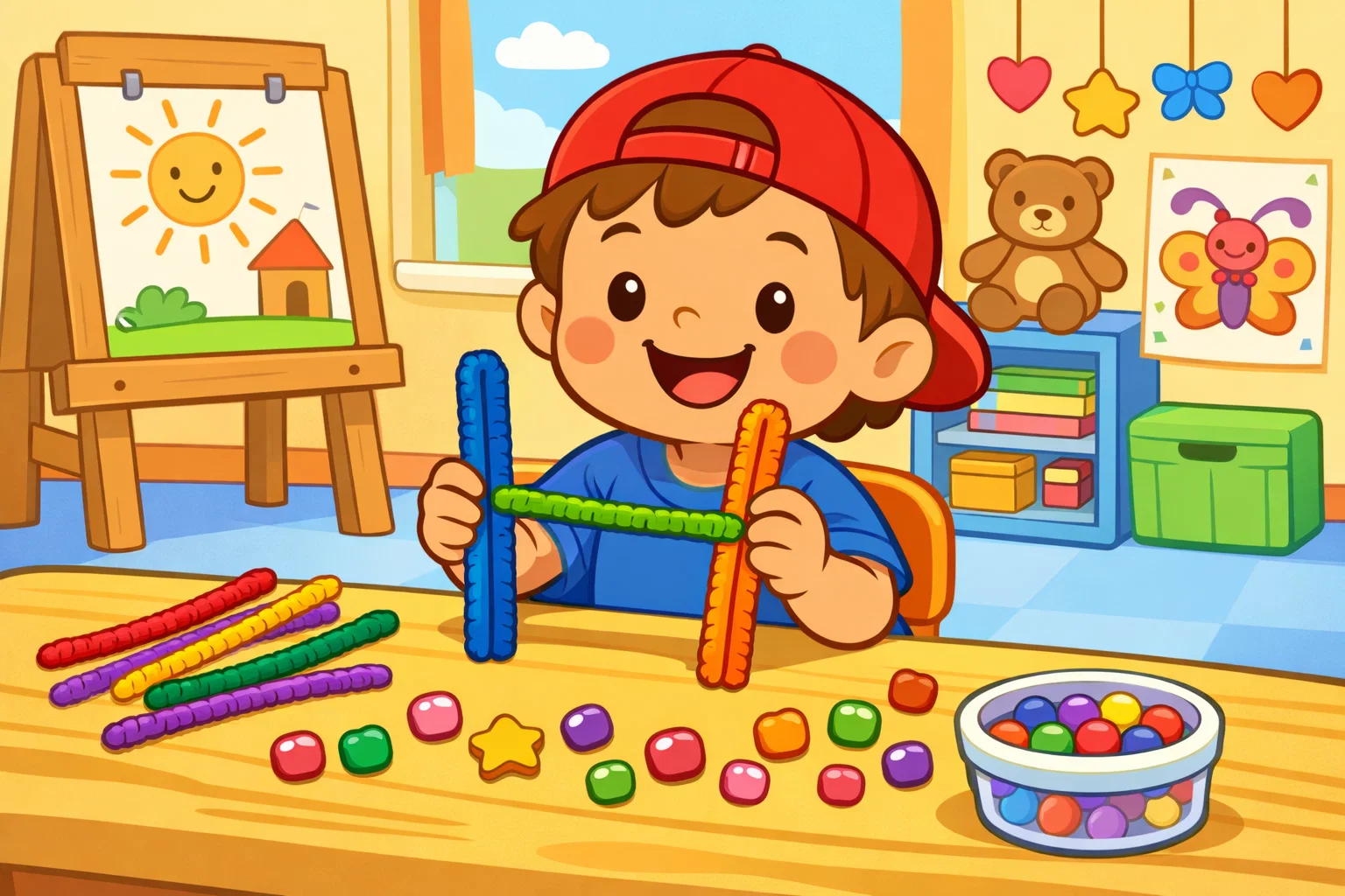 H pipe cleaner craft for preschoolers making a colorful letter H.